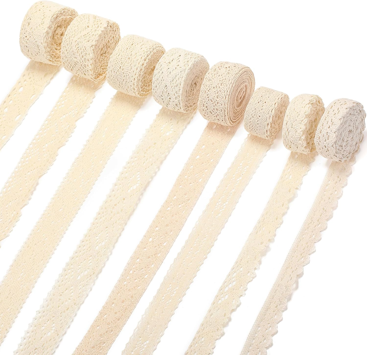 Tatuo 40 Yards Cotton Lace Trim Vintage Ribbon Crochet Cotton Lace Scalloped Edge for Bridal Wedding Decoration Christmas Package DIY Sewing Craft Supply, 5 Yards Each, 8 Styles(Beige)