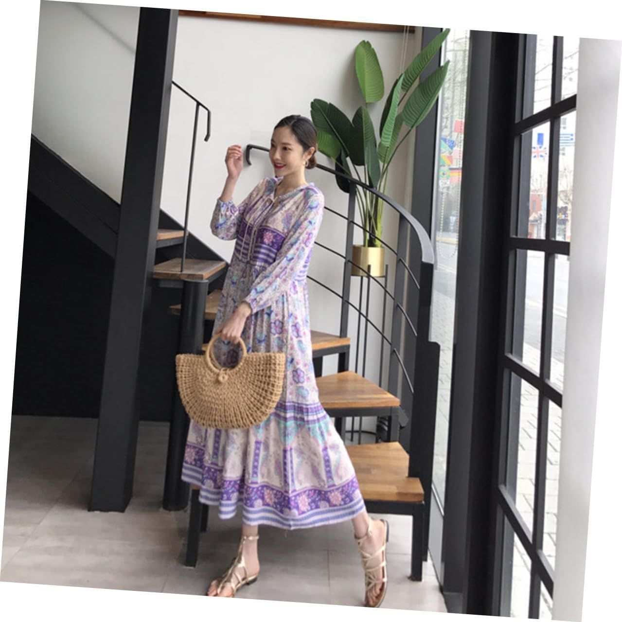 PLAFOPE Bohemia Style Long Sleeve Lapel Dress for Women Casual Elegant Maxi Dress Blue Lightweight Comfortable for Daily Work Party Vacation Office Wear image number 2