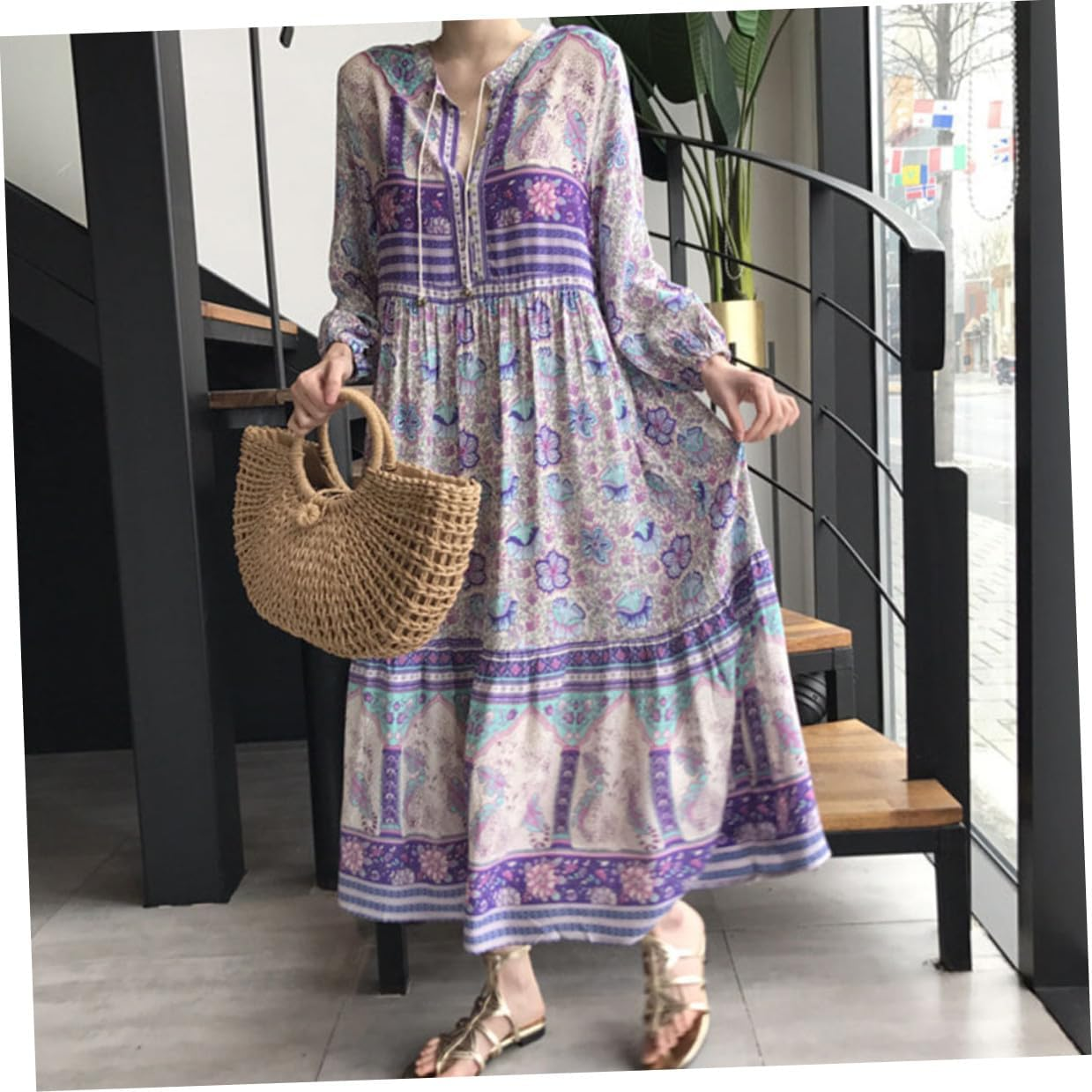 PLAFOPE Bohemia Style Long Sleeve Lapel Dress for Women Casual Elegant Maxi Dress Blue Lightweight Comfortable for Daily Work Party Vacation Office Wear image number 4