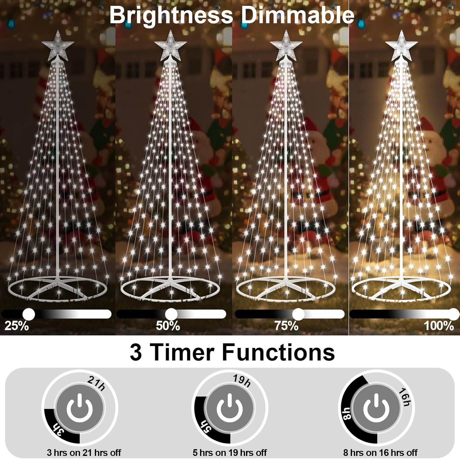 Outdoor Solar Christmas Cone Tree Lights,1.5M 202 LED Christmas Tree Lightshow with 8 Modes Timer Remote, Lighted Artificial Tree USB Charge for Xmas Yard Porch Patio Party Holiday Decor, Cold White image number 6