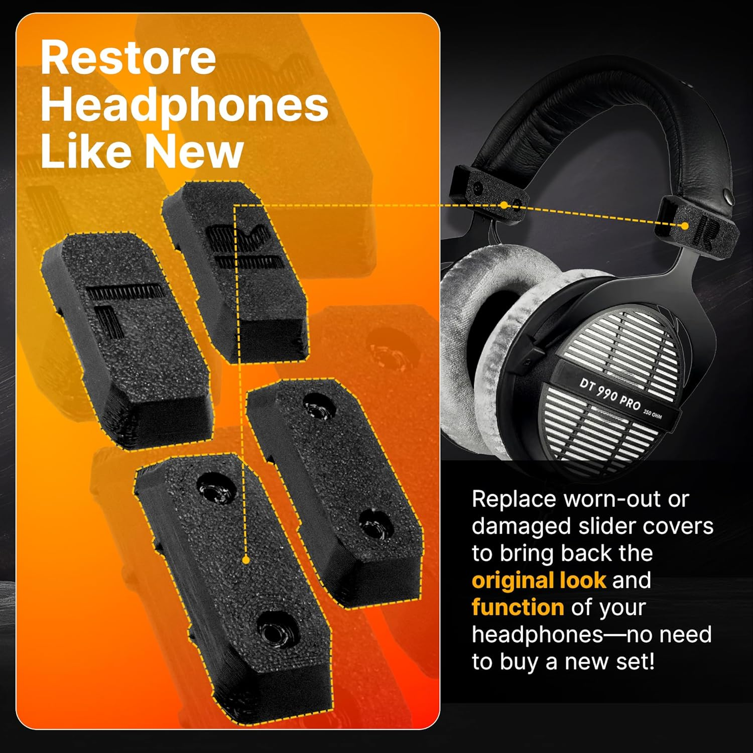 Splashncolor Slider Cover Replacement for Beyerdynamic DT 770 / DT 880 / DT 990 Pro & HS 400 Headphones - Durable Black Slider Covers to Restore Look & Function for Long-Lasting Use - ABS - Black image number 5