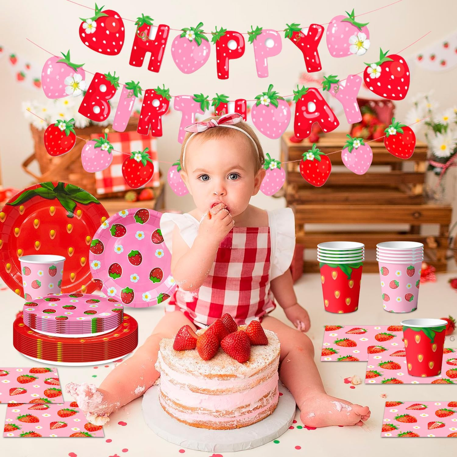 Strawberry Birthday Tableware, 91Pcs Strawberry Party Tableware Set - Strawberry Birthday Party Plates Napkins Cups Tablecloth Etc Strawberry Baby Shower Tableware for Strawberry Birthday Decorations image number 2