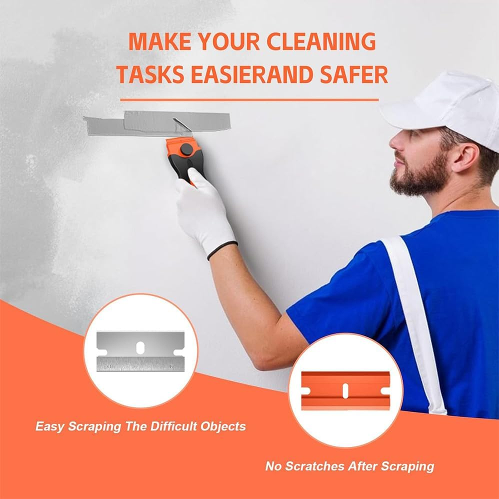 3Pcs Paint Scrapers with 30 Plastic and 30 Metal Blades, Plastic Scraper Glass Scraper, Stove, Sticker Remover, Paint, and Chewing Gum (Orange) image number 3