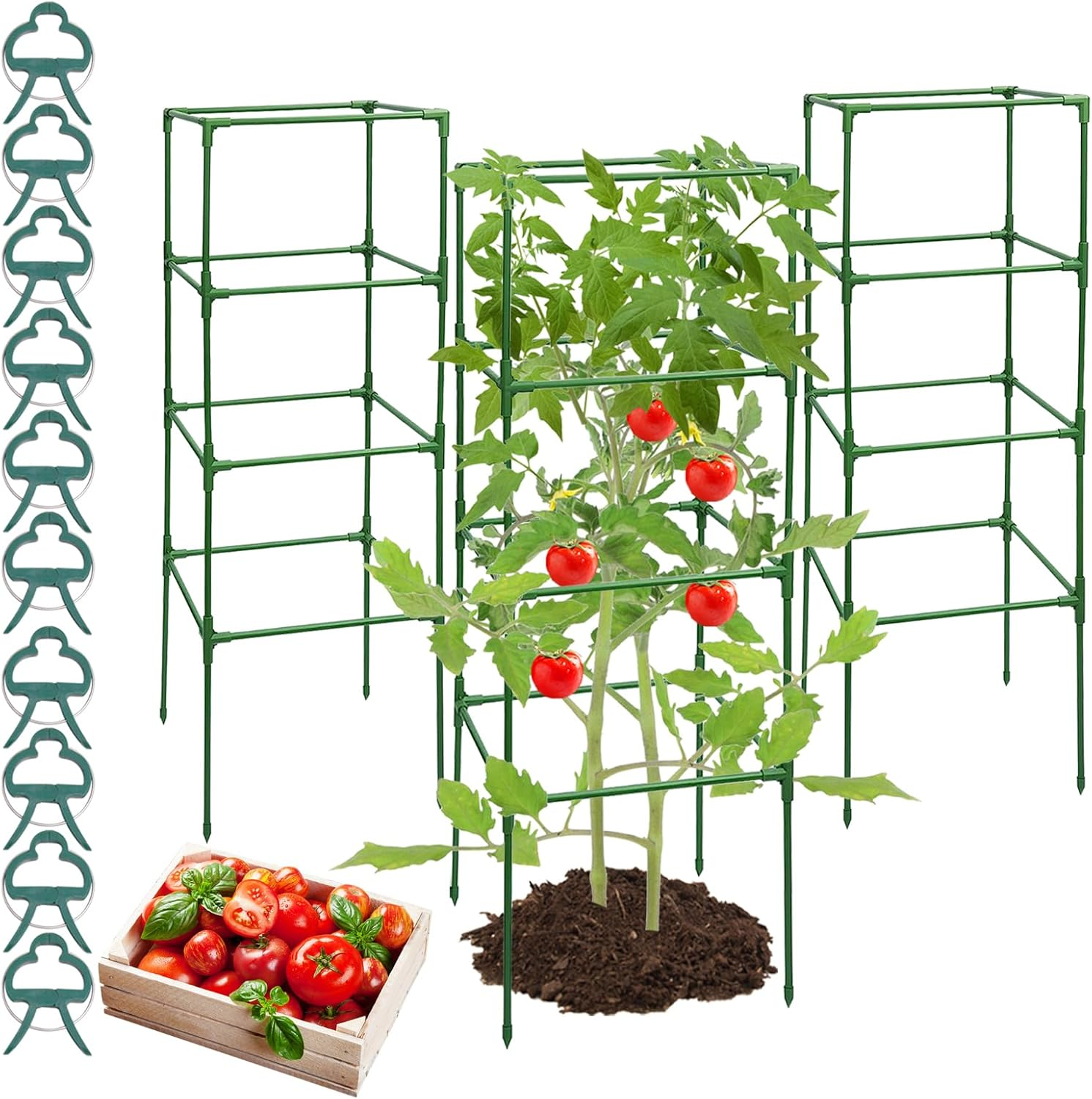 MYMULIKE Tomato Cages, 3 Packs Square Tomato Plant Support Stakes, 41.5 * 15 * 15In Heavy Duty Plant Support Trellis for Garden Climbing Vegetables Flowers Fruits with 10Pcs Clips