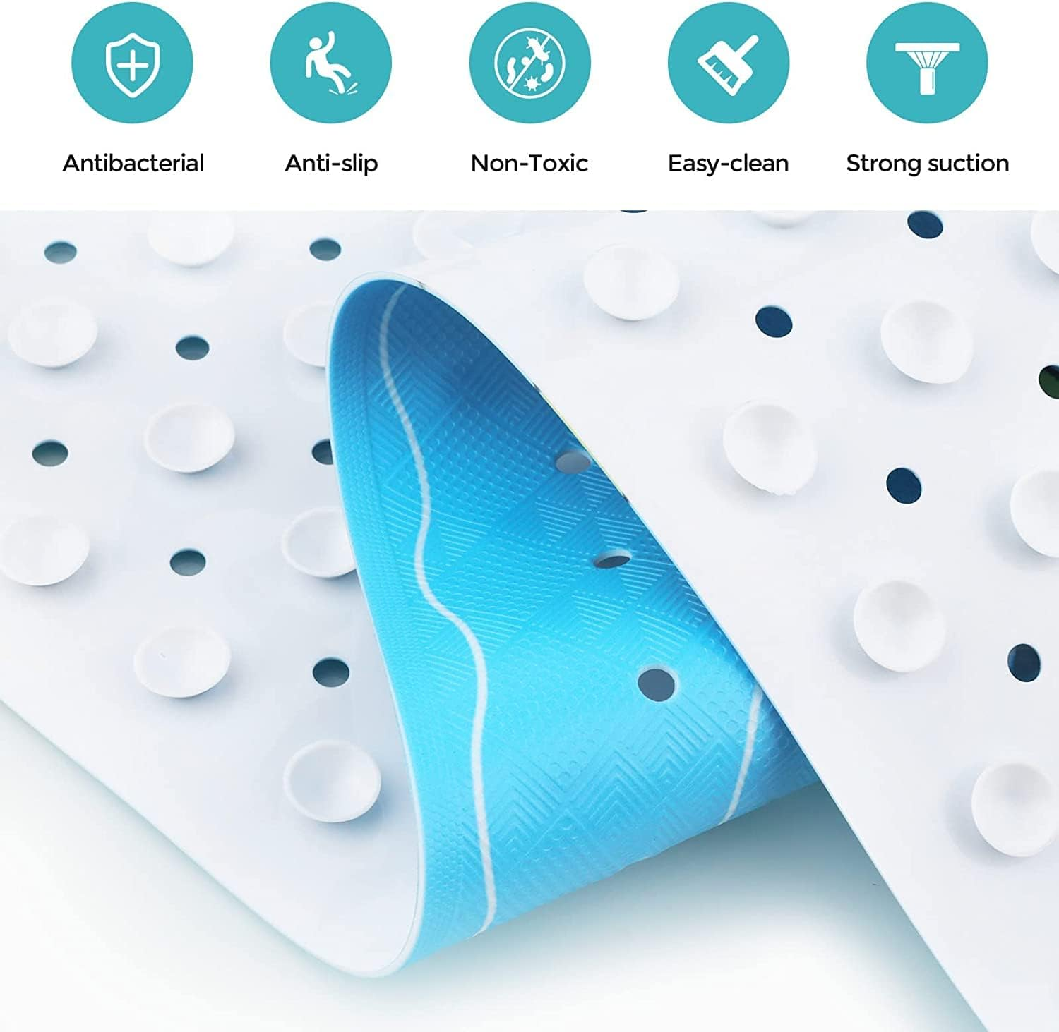 Bathtub Mat Non Slip Shower for Kids Adults & Elderly 40X16 Inch Extra Long anti Bath Mats Tub with Suction Cups and Drain Holes,Duck Blue Ducks - Blueducks image number 4