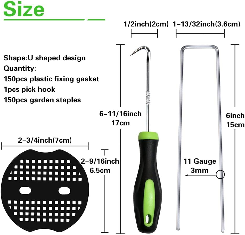 Bakulyor 150Pcs Landscape Staples + 150Pcs Gasket, 6 Inch Garden Stakes Staples 11 Gauge U Shaped Galvanized Lawn Landscape Pins, Heavy Duty Yard Ground Pin for Weed Barrier Sod Fabric Decorations image number 2
