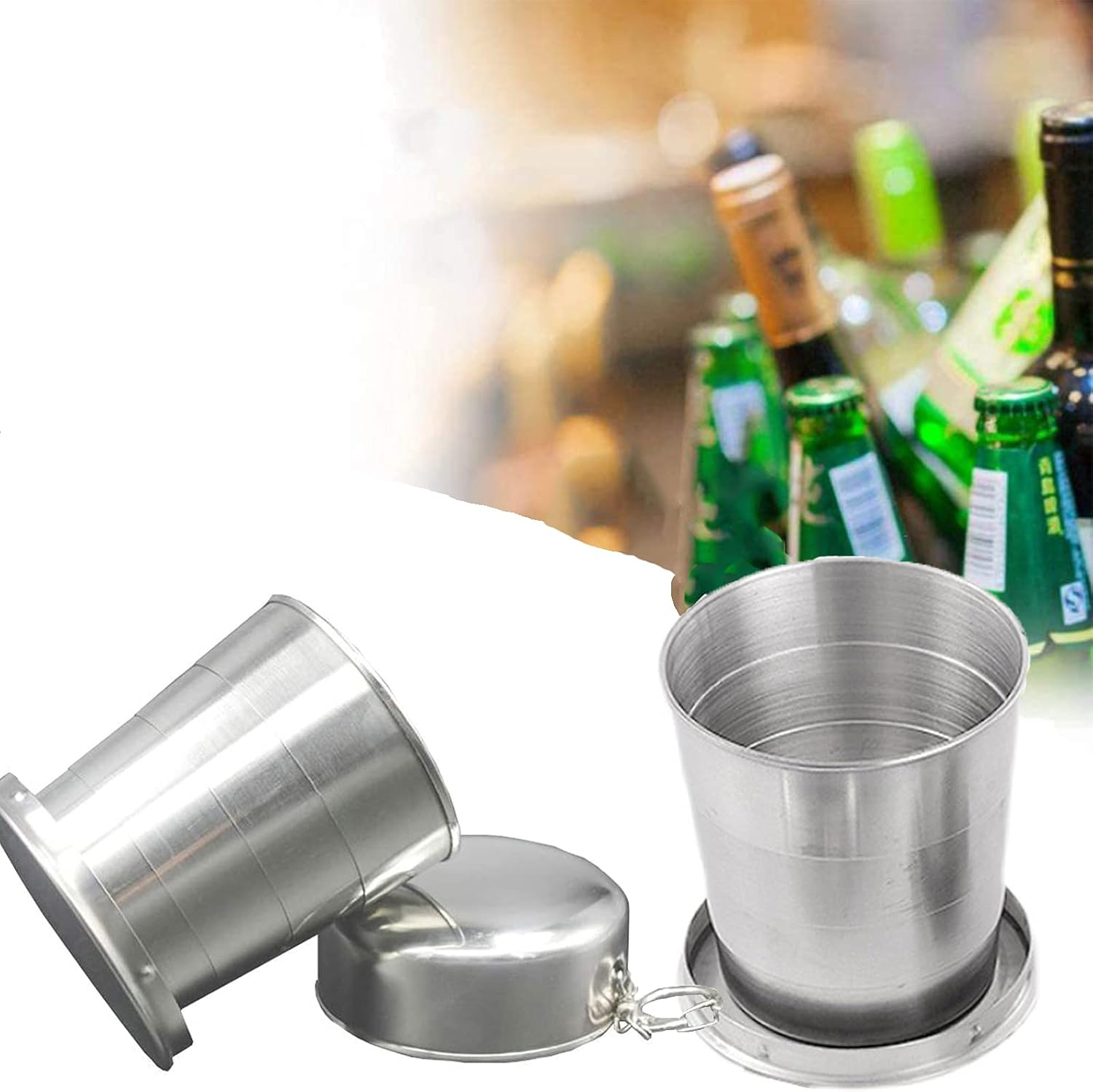 Pack of 2 Folding Cups, Stainless Steel Telescopic Cups, Outdoor Portable Telescopic Cup, Folding Cup with Key Ring, Durable Collapsible Cup, Hiking for Outdoor Activities and Daily Use image number 2