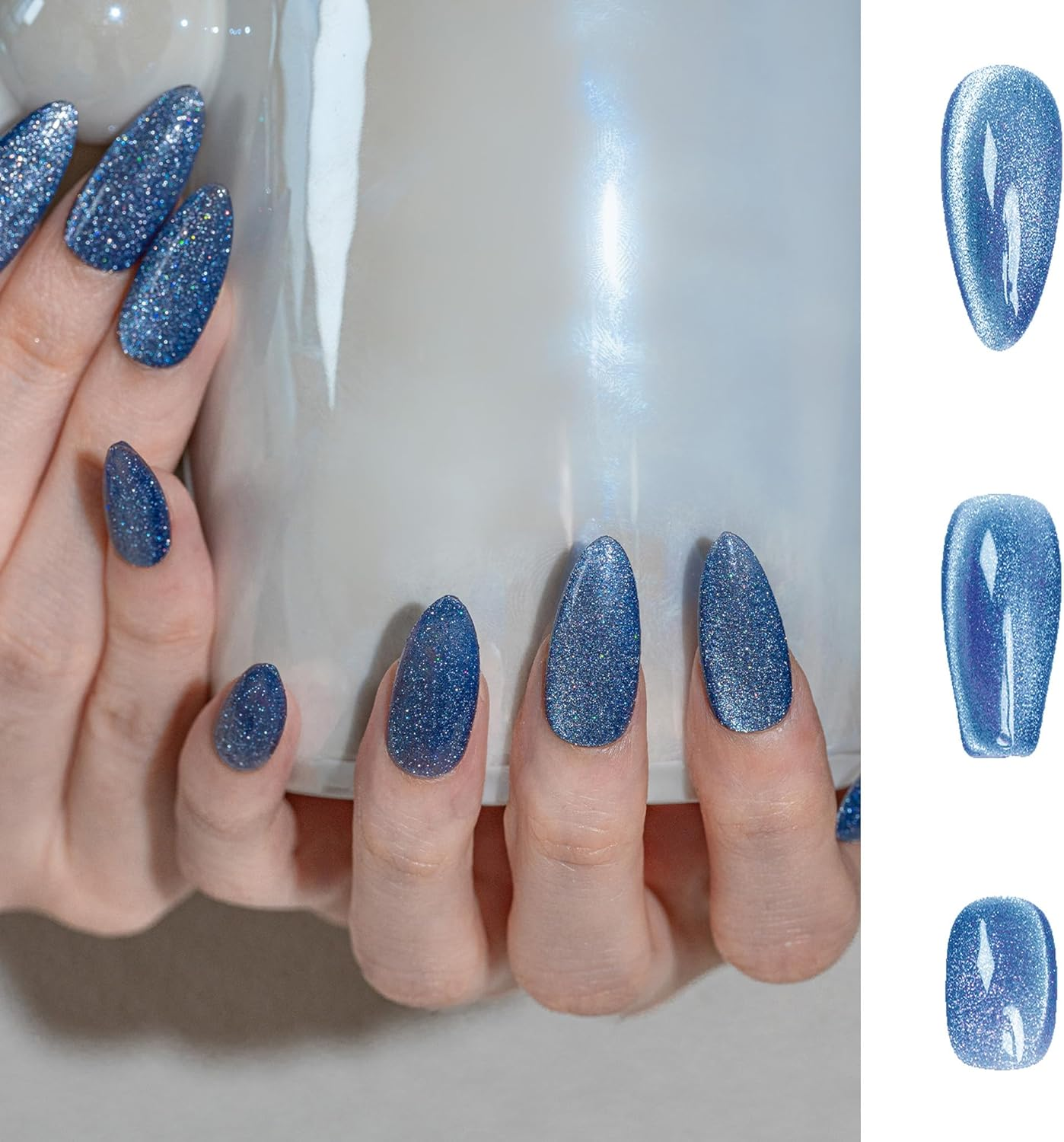 Sun&Beam Nails Handmade Press-On Short Squoval round Blue Magnet Solid Color Minimalist Design Fashion False Nail Tips 10 Pcs Set (#242 L) image number 2