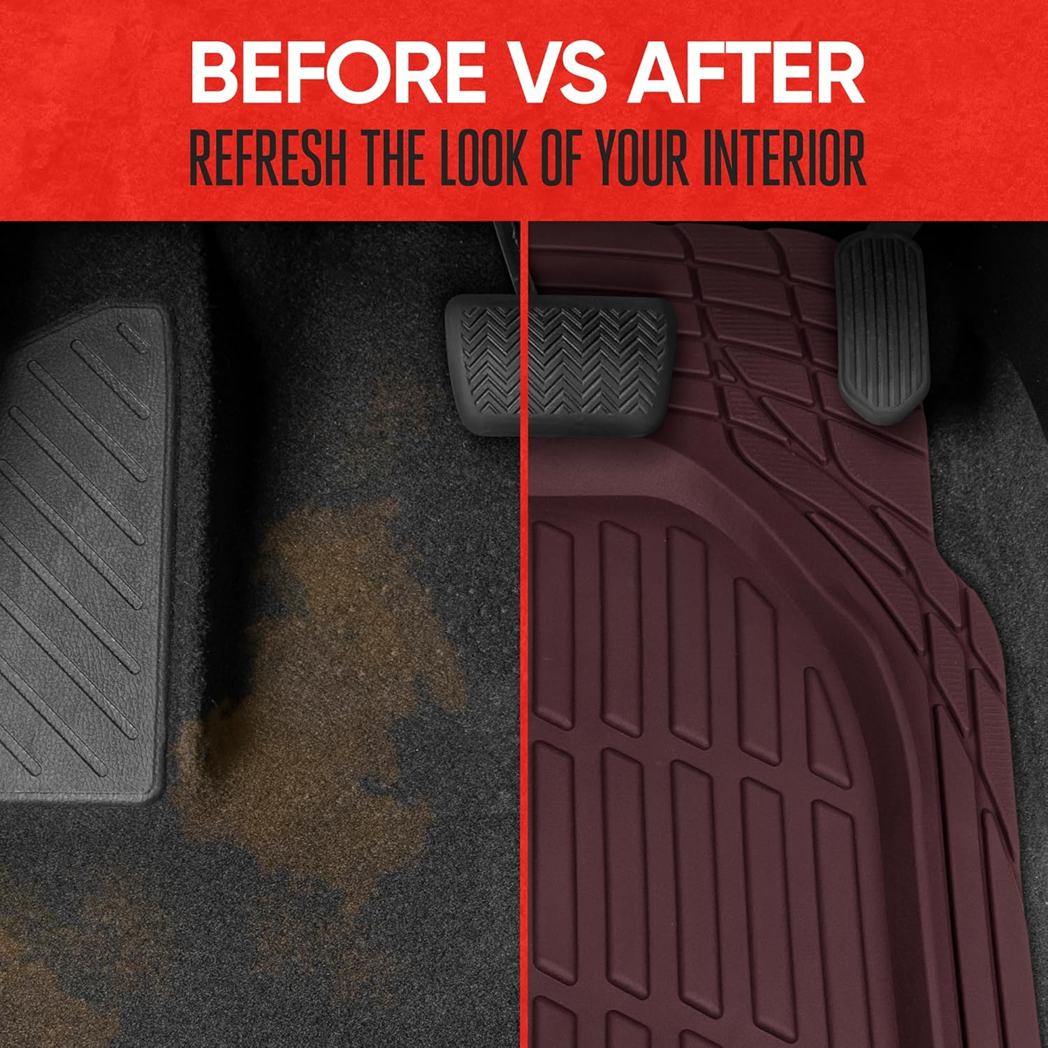 Motor Trend Flextough Floor Mats for Cars, Burgundy Deep Dish All-Weather Car Mats, Waterproof Trim-To Fit Automotive Cars Trucks SUV, Universal Liner Accessories - Burgundy image number 4