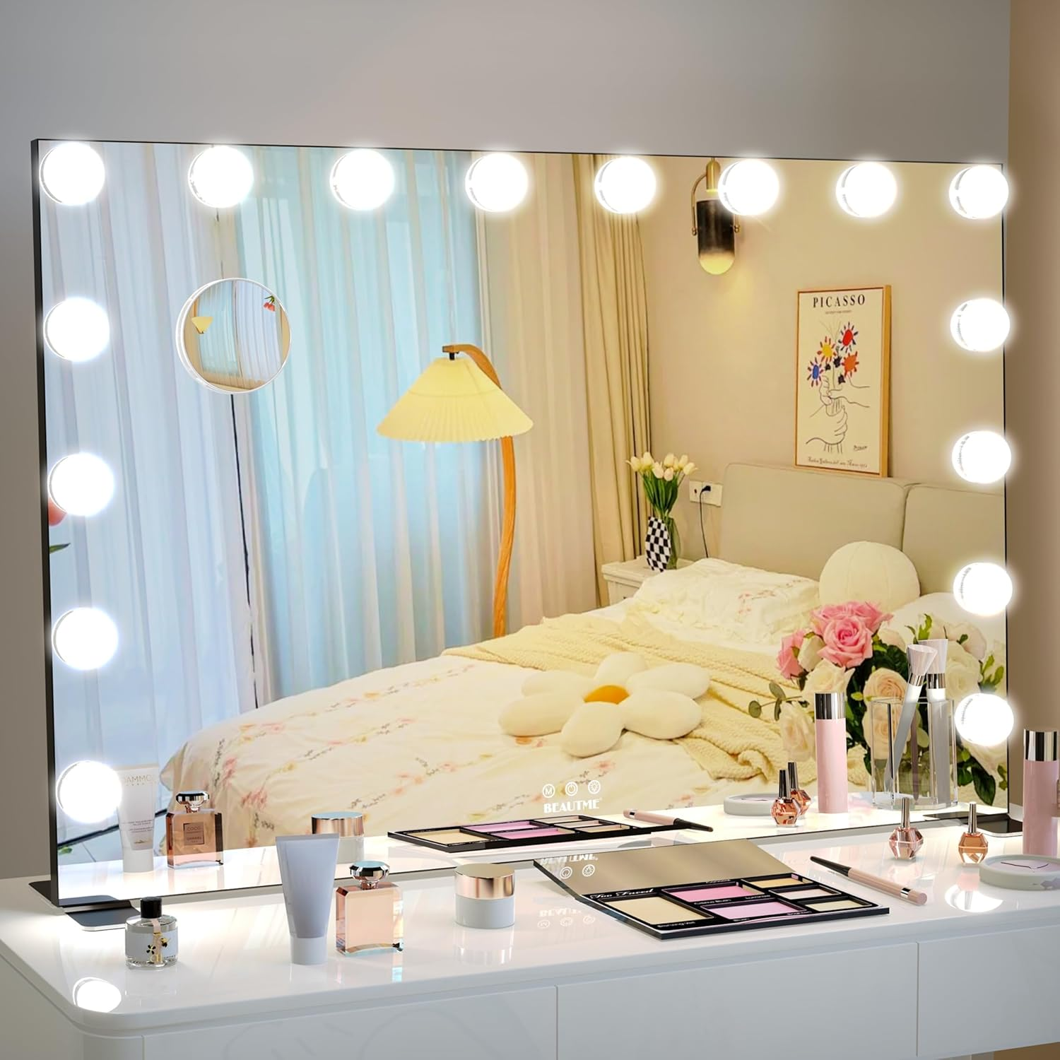 BEAUTME Vanity Mirror with Lights, Hollywood Makeup Mirror with Lights, Makeup Mirror with 16 Dimmable Led Bulbs, 3 Color Lighting Modes, Tabletop or Wall Mount, Black, 91.1&times;61.6Cm