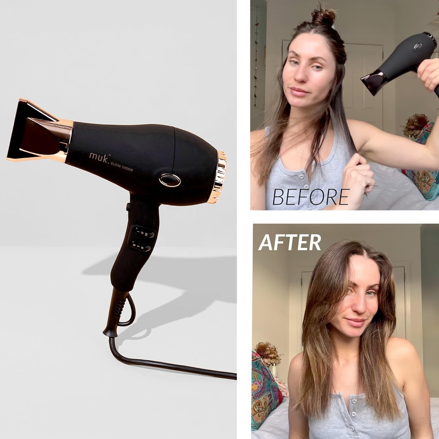 MUK. Professional Blow Dryer 3900 IR 2300 Watt - Lightweight Travel Hair Dryer for Gentle, Quick Styling. Hair Dryer with Ionic Generator for Shine & Protection. 3M Swivel Cord, Rose Gold - Matte Black image number 5