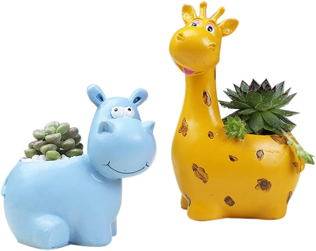 2 Pcs Animal Succulent Planter Pot with Drainage Hole, Giraffe Shape Small Succulent Pots, Hippo Resin Flower Pot, Mini Flower Planter Cartoon Planter, Cartoon Plant Containers image number 2