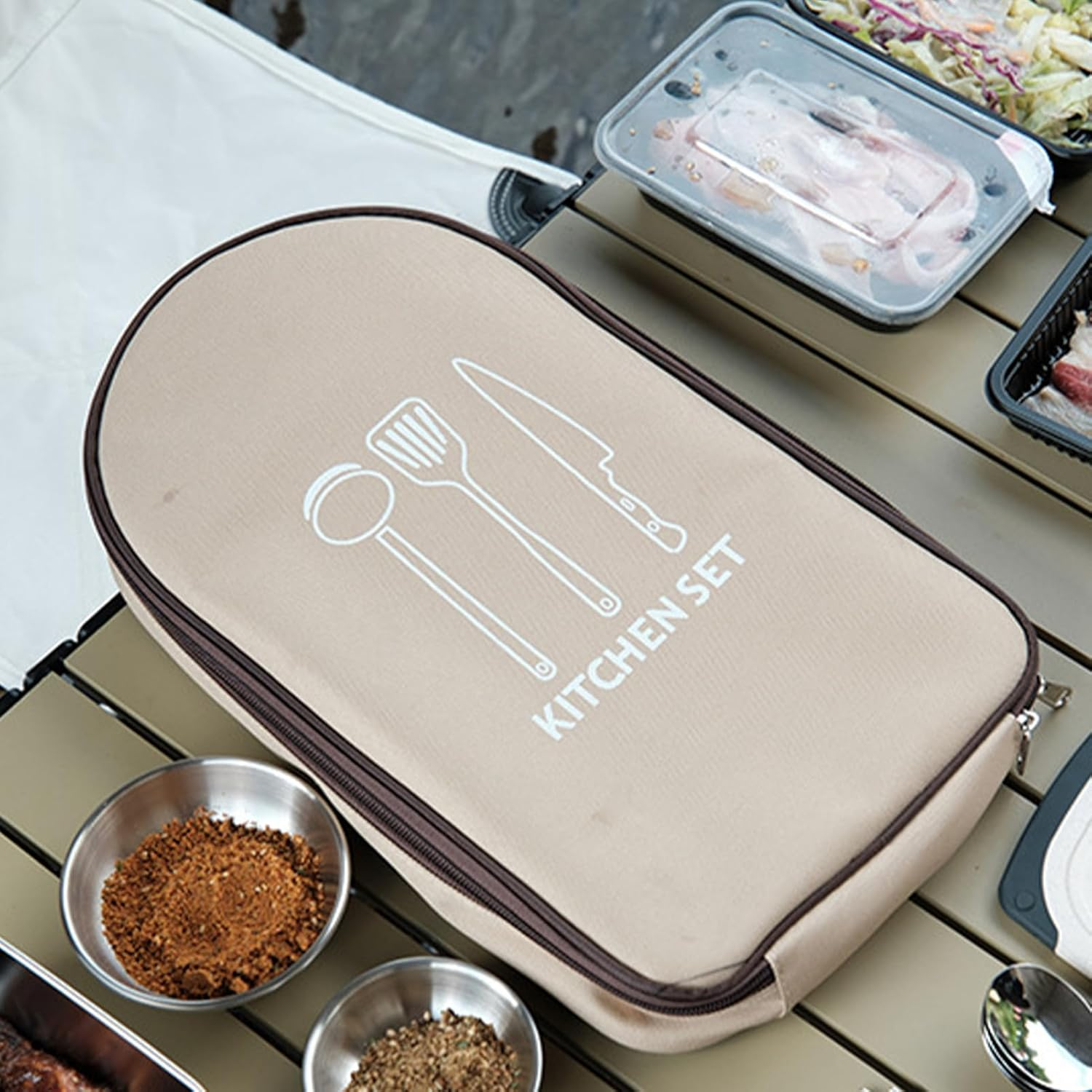 8Piece Camping Cookware Travel Set with Storage Box ，Camping Kitchen Utensils Kit with Spoon, Scissors, Knife, Ladle, Cutting Board, Slotted Turner, Peeler, BBQ Tongs