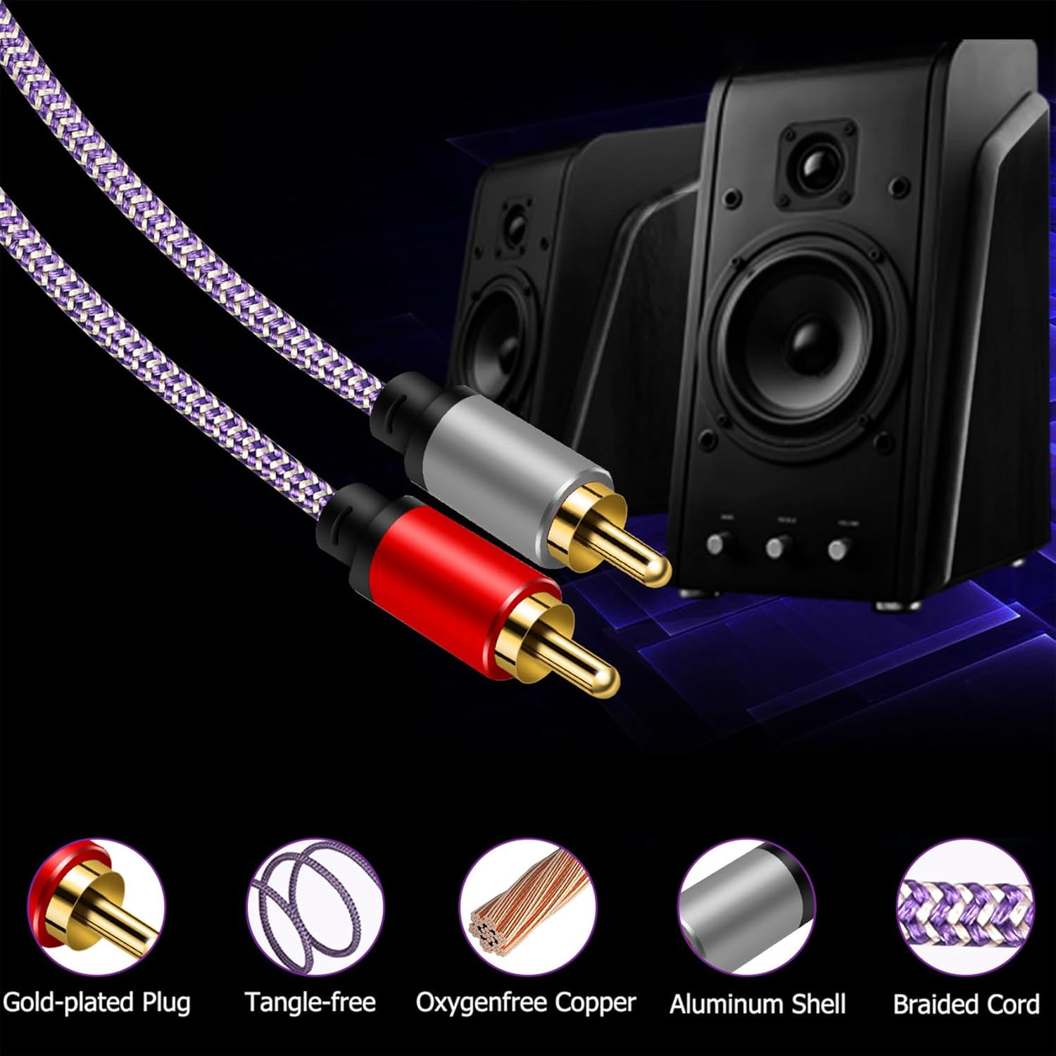 Tunghey 2 RCA Cables, 2RCA Male to 2RCA Male Stereo Audio Cable Nylon Braided, Double Shielded RCA to RCA Audio Cable for Home Theater Amplifier Hi-Fi System Car Audio Speaker (8M) - 0.5M image number 4