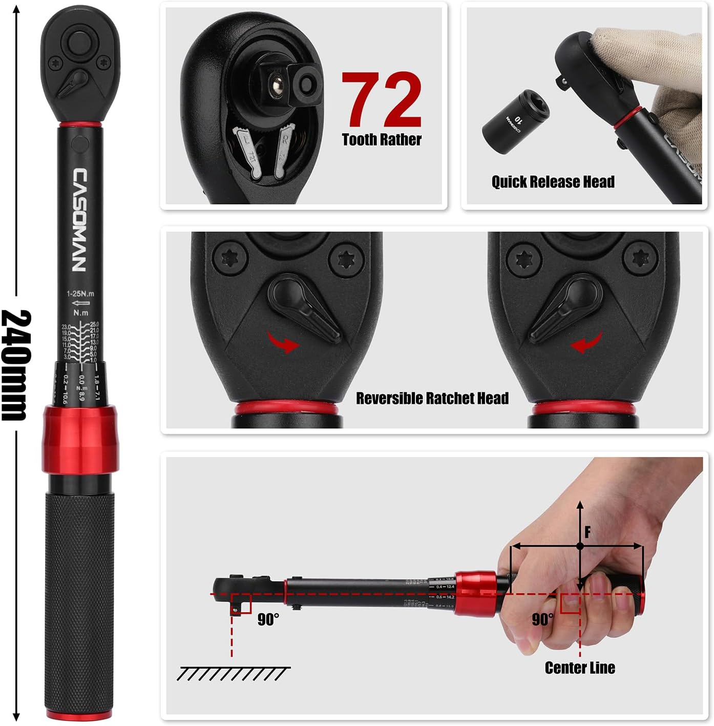 CASOMAN Torque Wrench 1/4-Inch Drive, 1-25Nm Bike Torque Wrench, &plusmn; 3% Error Accuracy, Dual Direction with 72 Teeth