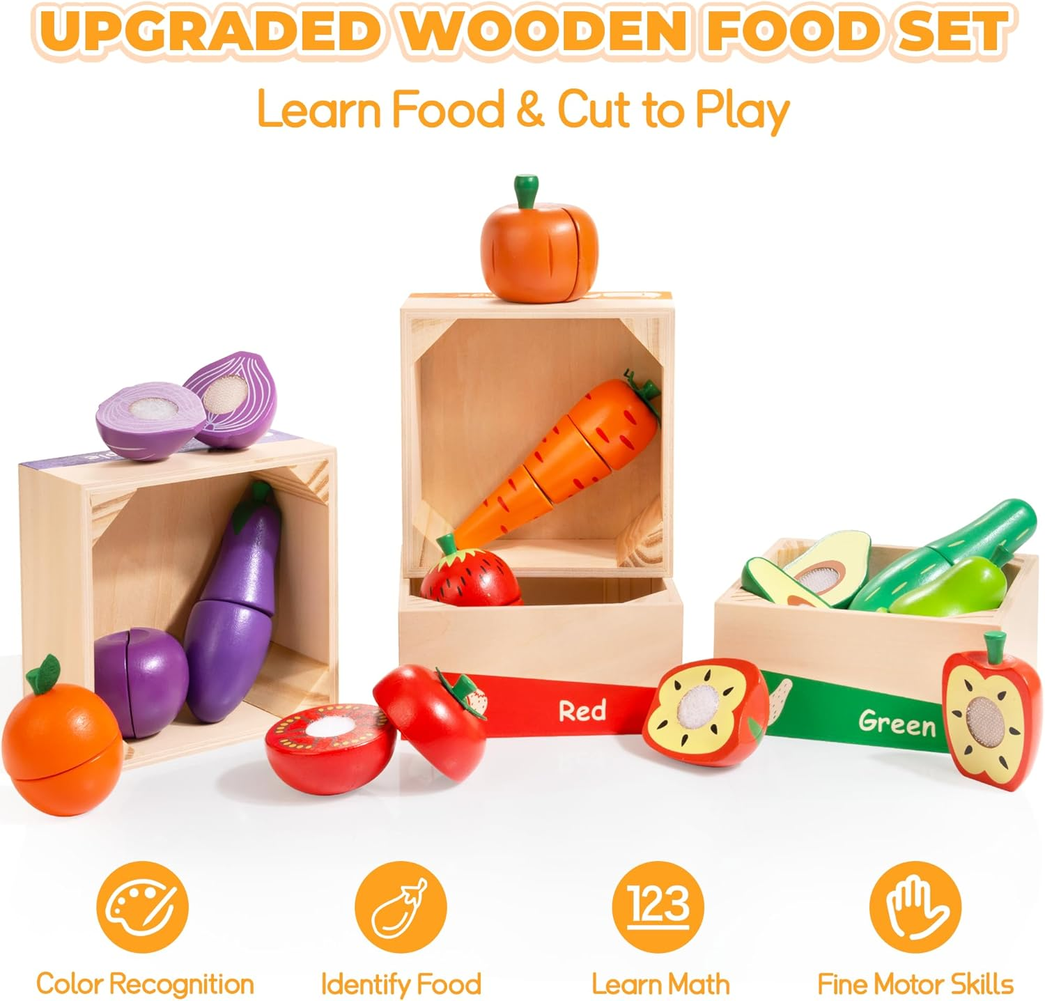 Wooden Play Food for Toddlers, Color Food Groups, Fruit & Veggies Cutting Set, Pretend Play Food Kitchen Accessories for 3 4 5 6 7 Years Old Boys & Girls image number 2