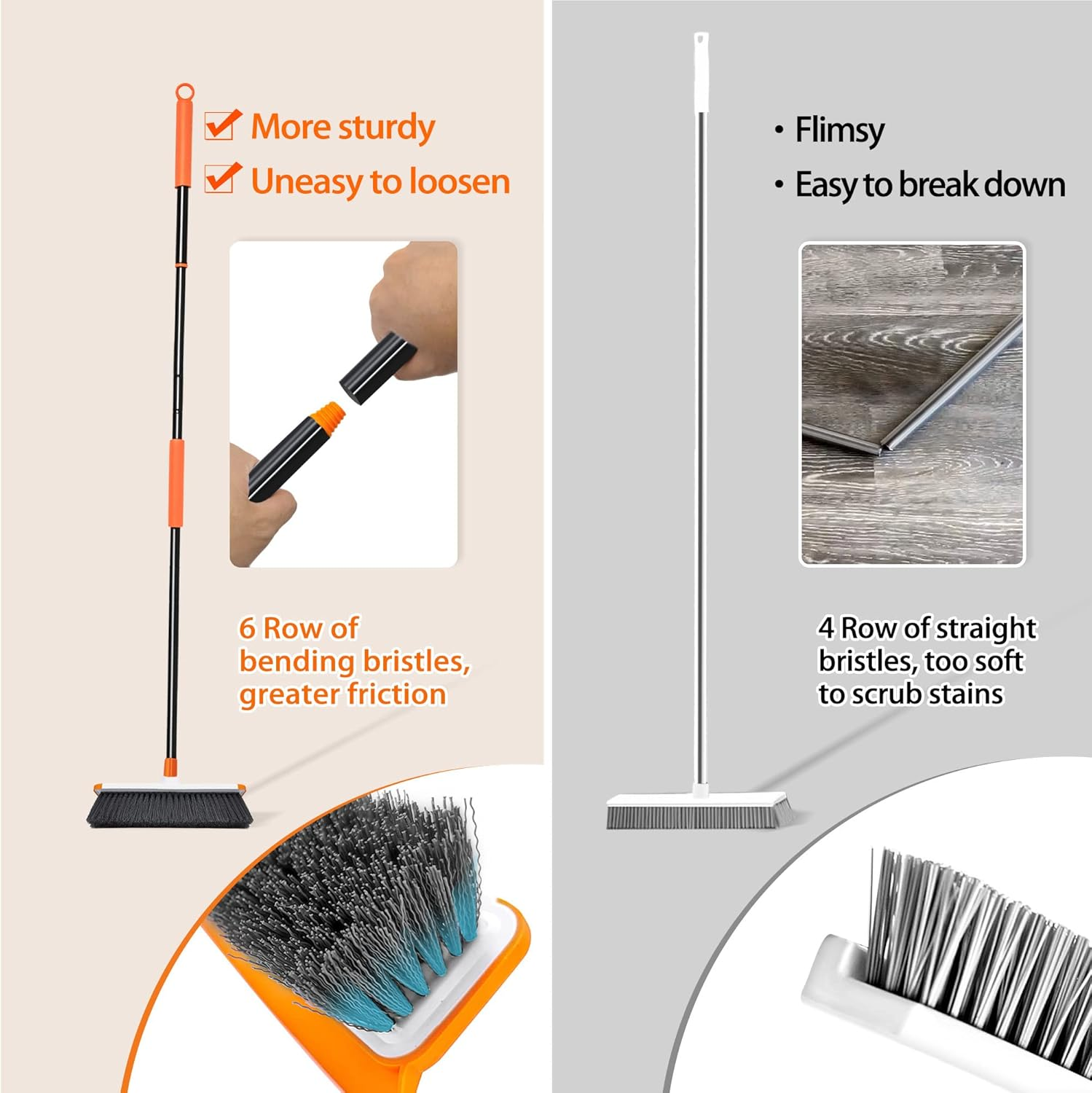 JEHONN Floor Scrubbing Brush 138 Cm Telescopic Long Handle Garden Patio Deck Cleaning Brush Stiff Broom Scrubber with Squeegee, Indoor Outdoor Sweeping Brush for Bathroom, Shower Wall, Swimming Pool image number 4
