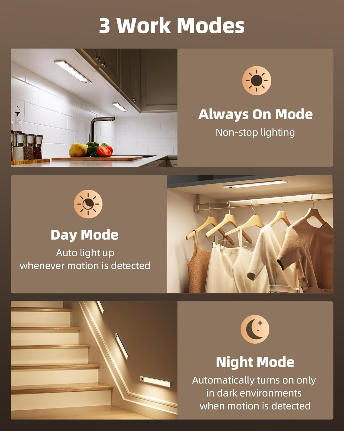 EZVALO 8'' Motion Sensor Light Indoor, 2300Amh Rechargeable under Cabinet Lighting Wireless, 3 Led Color Temps, Dimmable, under Counter Lights for Kitchen, Closet, Shelf, Pantry, Hallway, 4 Pack image number 5