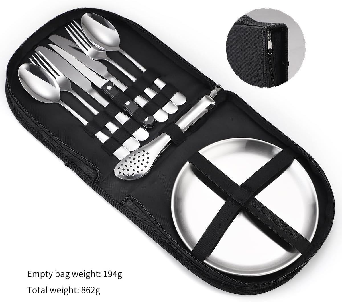 Portable Outdoor Cutlery Set for Picnic, Camping Dinnerware Set with Spoon Fork Knife, 10 Piece Mess Kit for 2, Stainless Steel Silverware Set with Organizer, Travel Camping Flatware Set (Silver) image number 3