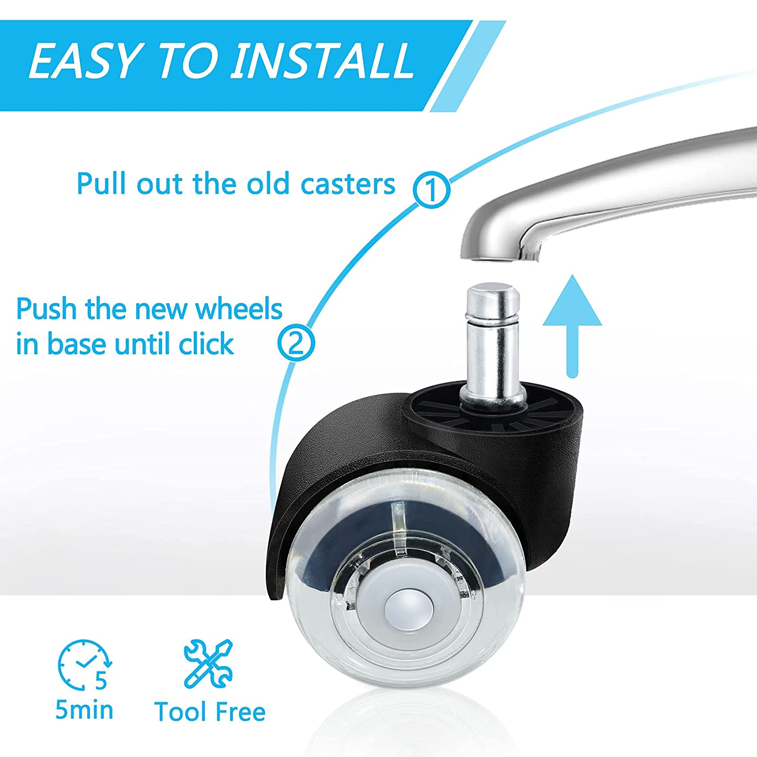 Office Chair Caster Wheels,Set of 5, 2 in Double Casters, Twin Ball Bearing Replacement Computer Desk Chair Wheel, Heavy Duty Rubber Caster Smooth Quiet Rolling Safe Protection for All Floors image number 3