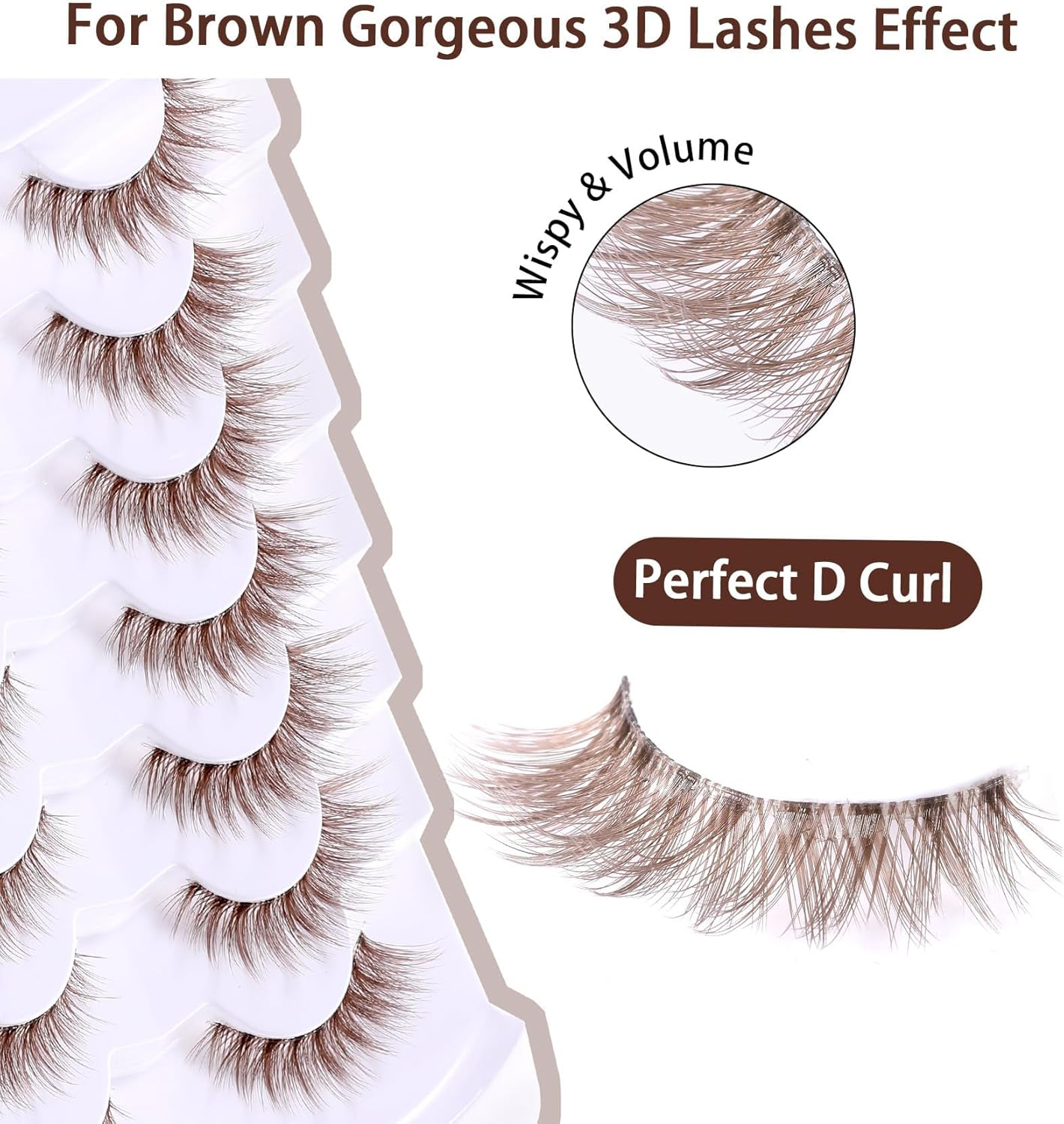Brown Eyelashes, 7 Pairs Dark Brown Lash Strips, Natural Look D Curl & Lightweight Cat Eye Wispy False Eyelashes with Clear Band for Daily Wear, Women, Makeup Beginners image number 2