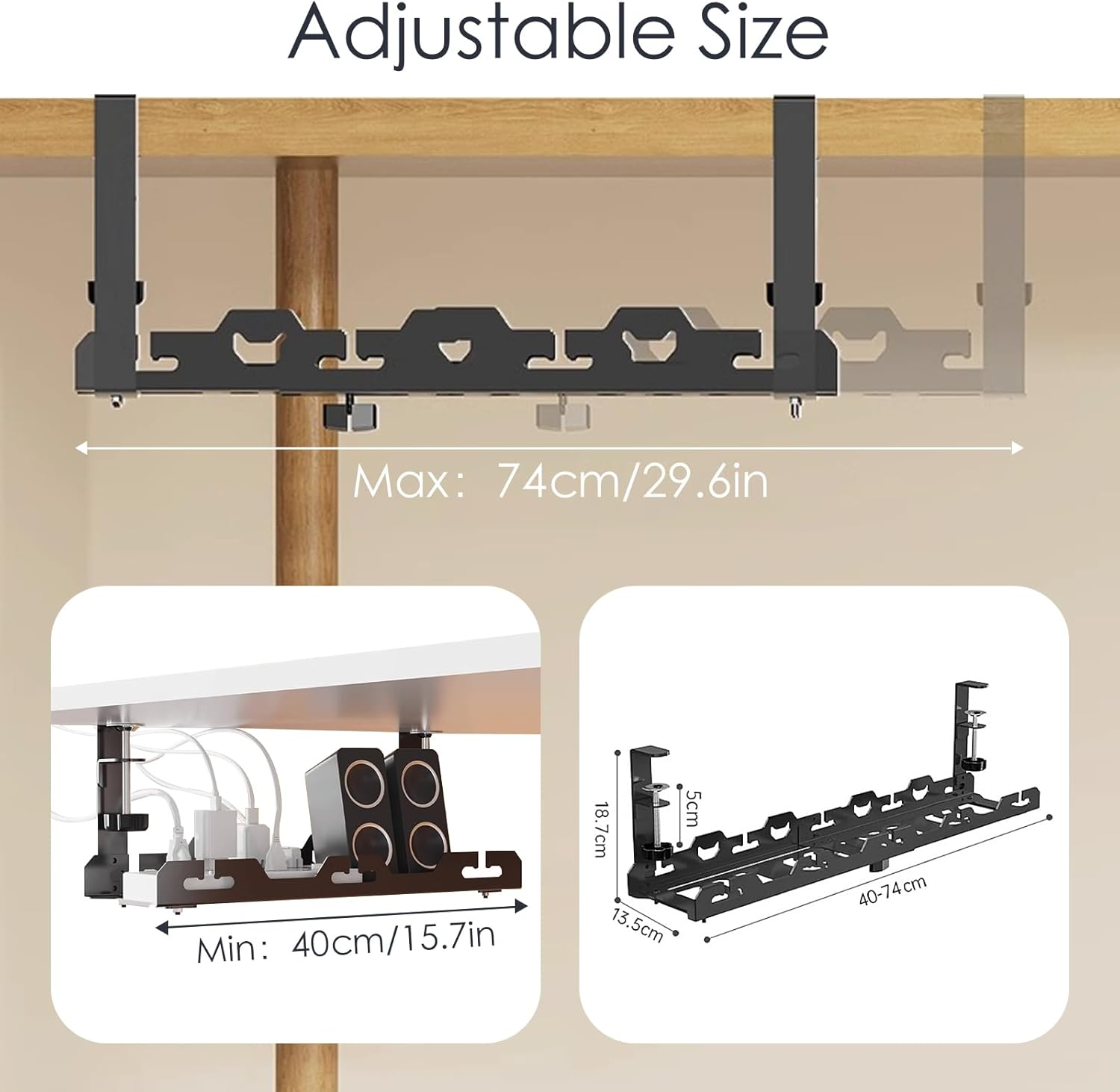 Bonaler under Desk Cable Management Tray,No Drill Retractable Clamp Mounted Desk Cable Cord Organizer for Desk,Sturdy Metal Cable Tray Basket for Home Office Computer,Black image number 5
