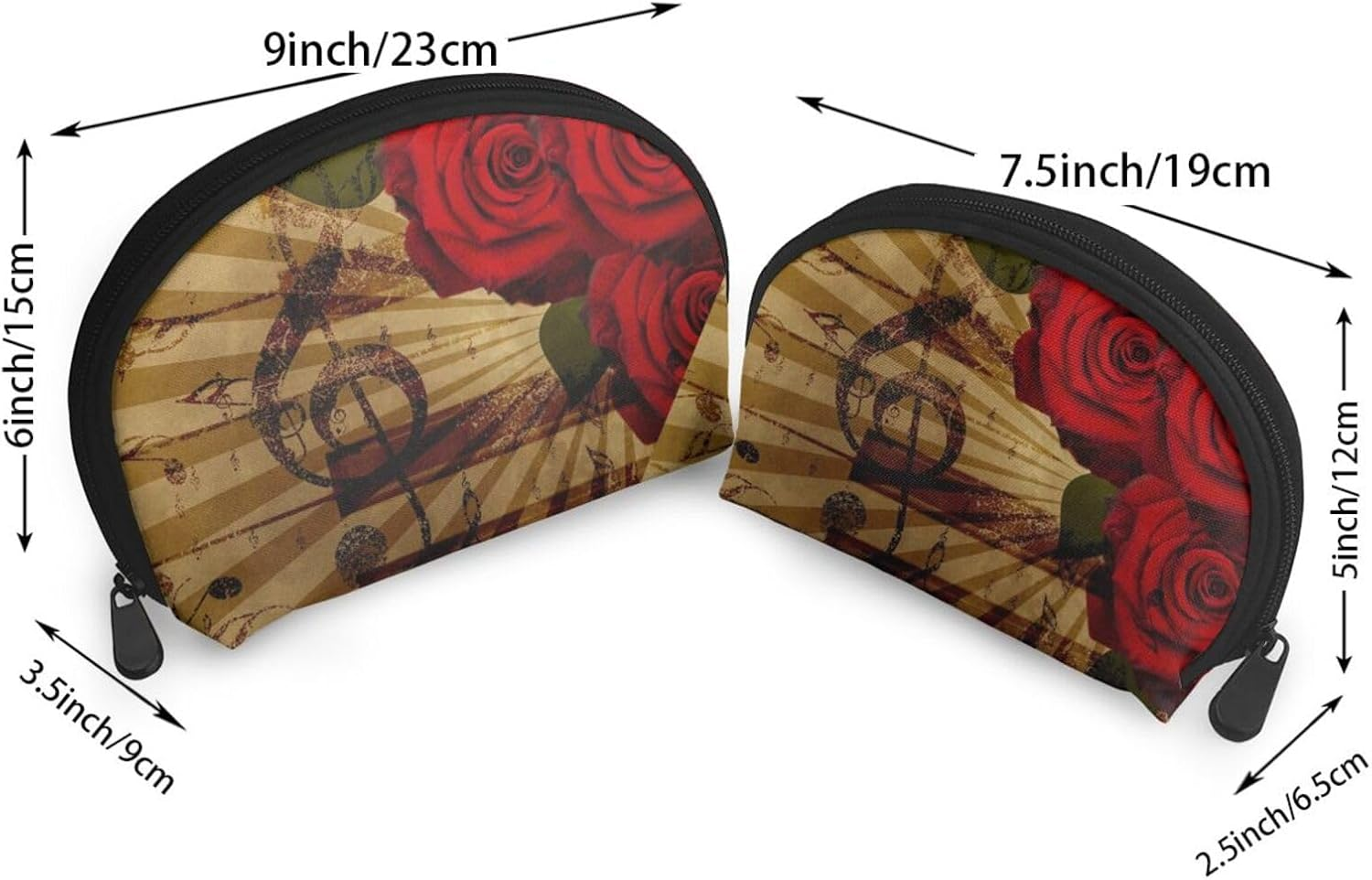Cozimangoe Coin Pouch Makeup Bags Set, 2 Piece Shell Shape Cosmetic Bag with Pockets for Daily Travel Handbag Lipstick Keys Toiletry, Personalized Grunge Rose Vintage Music image number 2