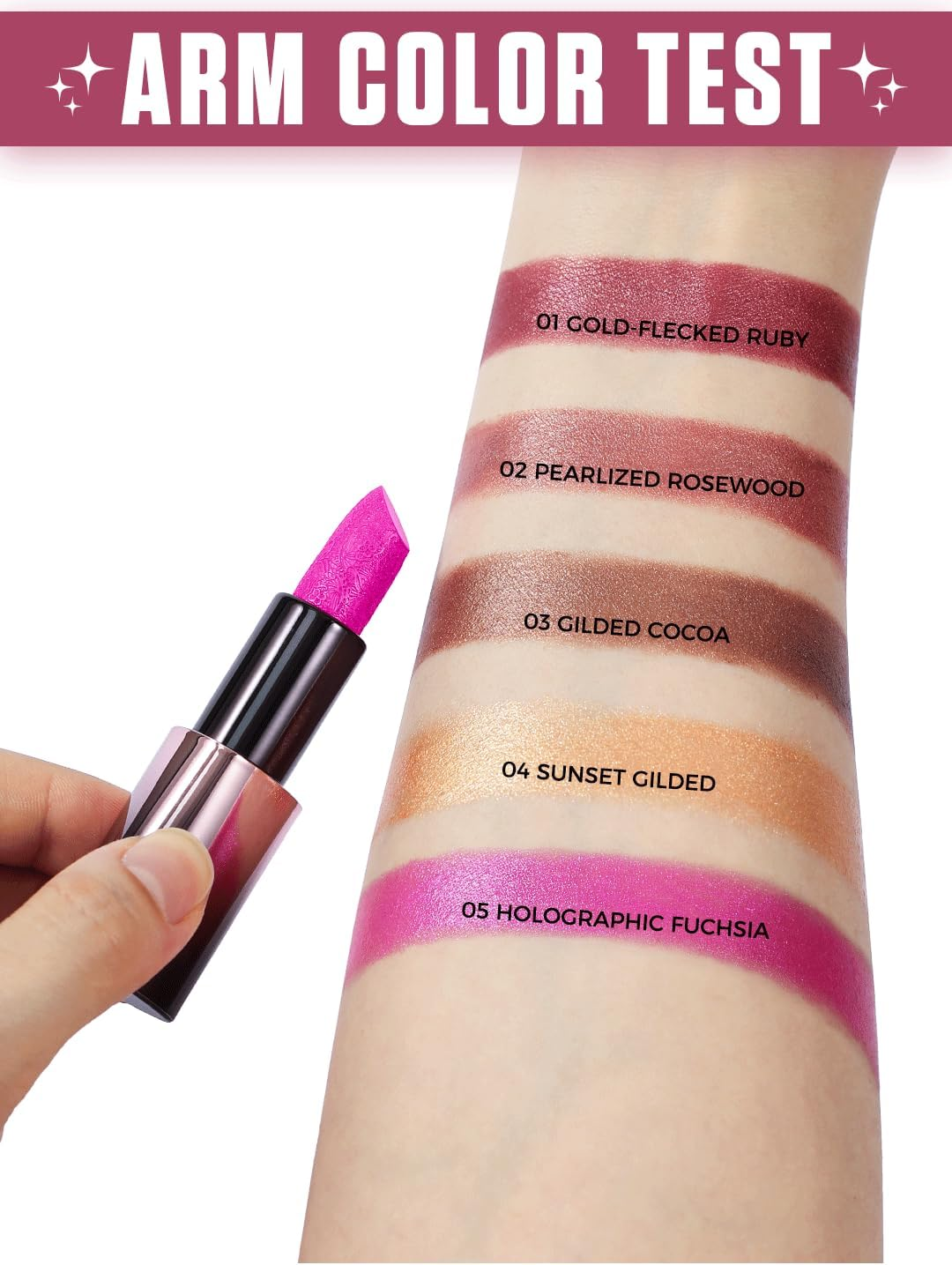 Metallic Pearl Lipstick - 5 Luxe Shades, 3D Shimmer Finish, Lightweight and Nourishing, High Impact Lipcolor,Magnetic Case, Long-Lasting Hydrating Lip Makeup (03 GILDED COCOA)