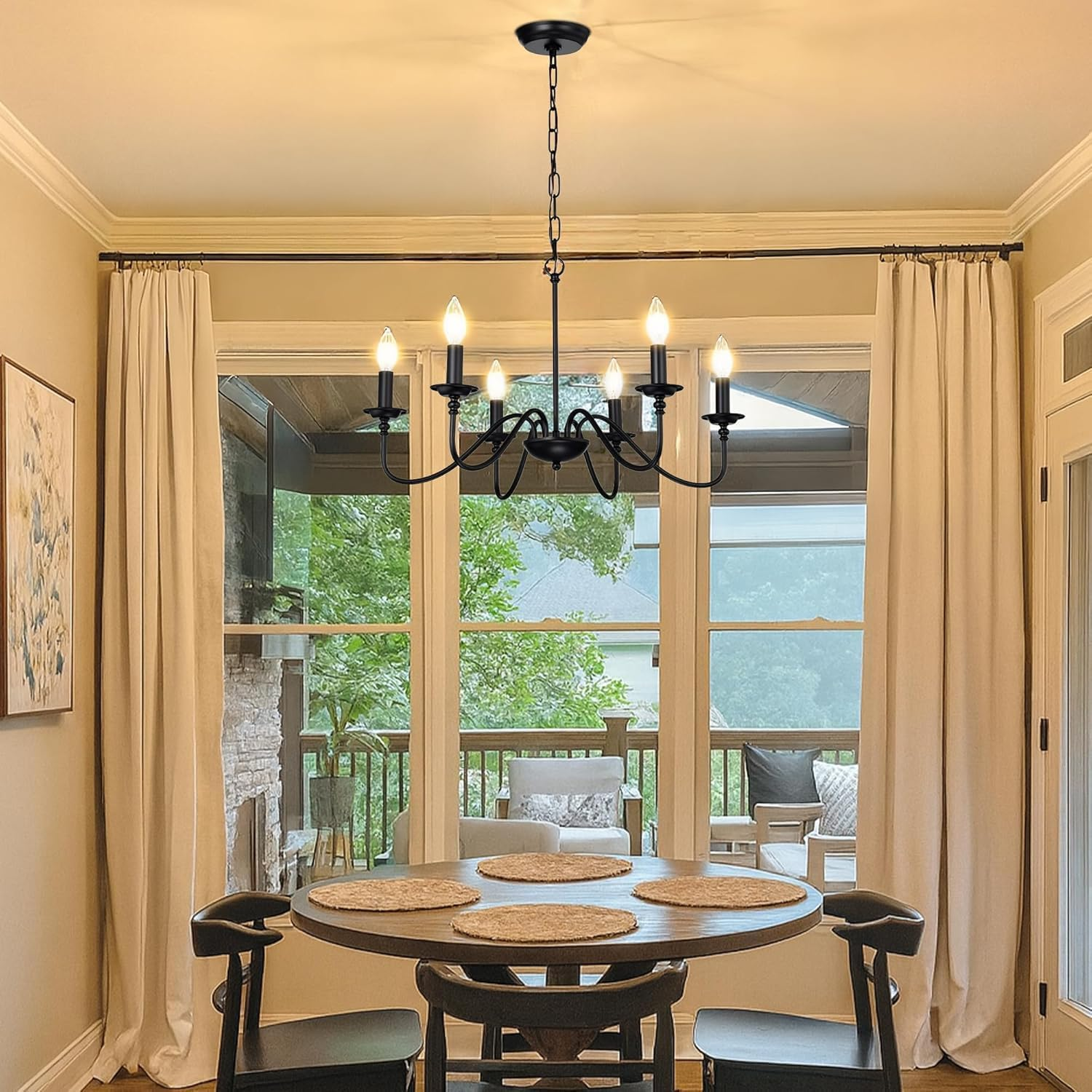 Black Farmhouse Chandelier 6-Light Candle-Style Chandeliers with Adjustable Chain, Rustic Metal Ceiling Light Fixture for Dining Room, Kitchen, Living Room or Entryway, E14 Base image number 4