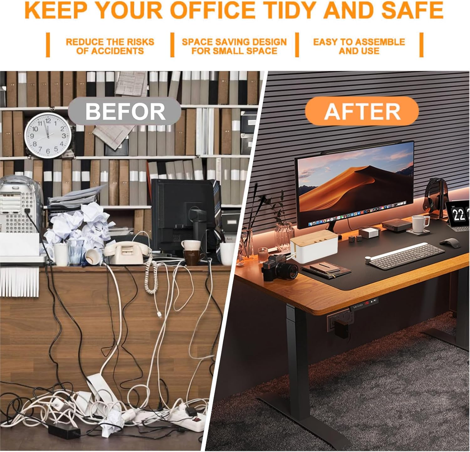 3 Sets of Cable Management Box,Bamboo Cover Cable Organizer Box Storage Tidy for Desk TV Computer USB Hub Phone Holder, Powerboard Charging Cable