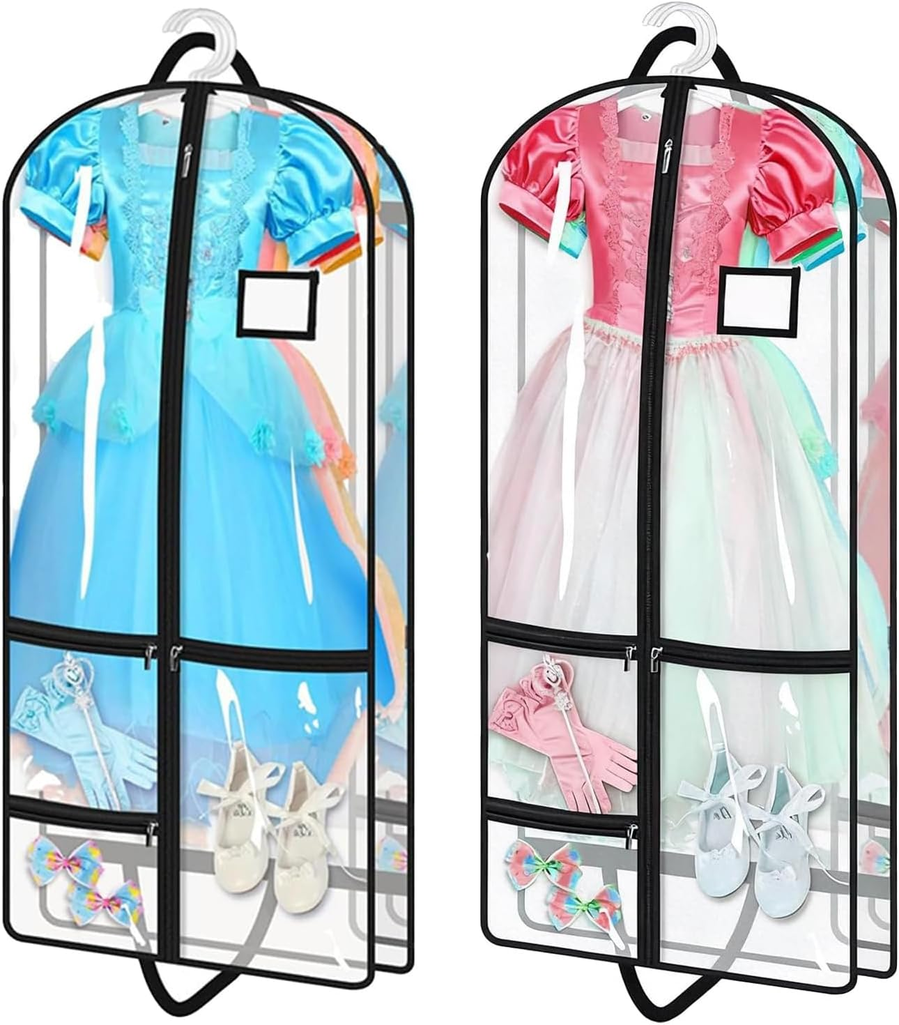 Clear Garment Bag Set of 2, Hangable Clothes Storage Protector Bags with Zippered Pockets, Dustproof Breathable Dress Covers for Travel, Seasonal Organization, Formal Wear & Dance Competition (Black)