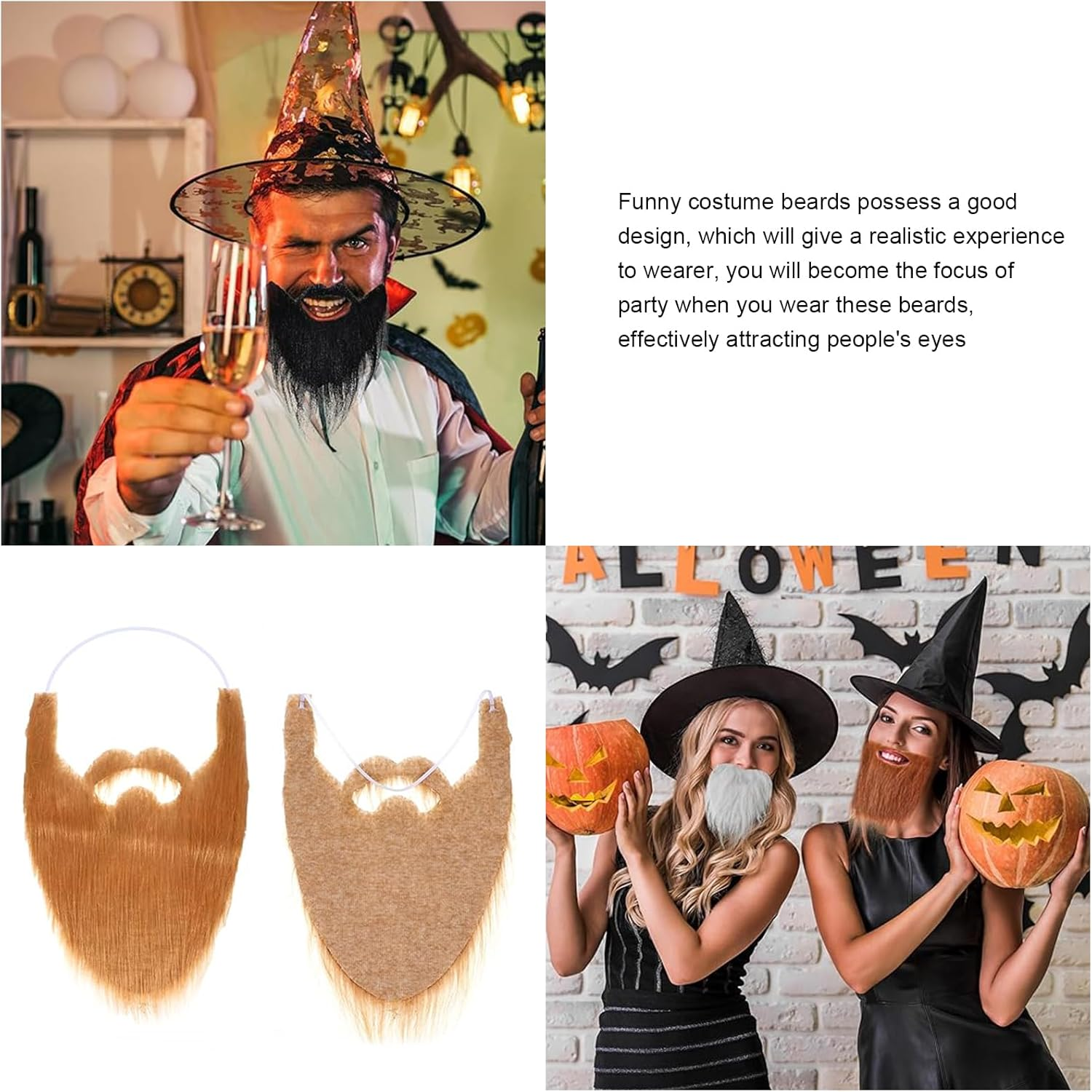4 Pack Fake Beards & Funny Fake Mustache - Self-Adhesive Fake Whisker Costume Set for Halloween/Christmas/Parties/Cosplay, False Beards for Adults & Children image number 2