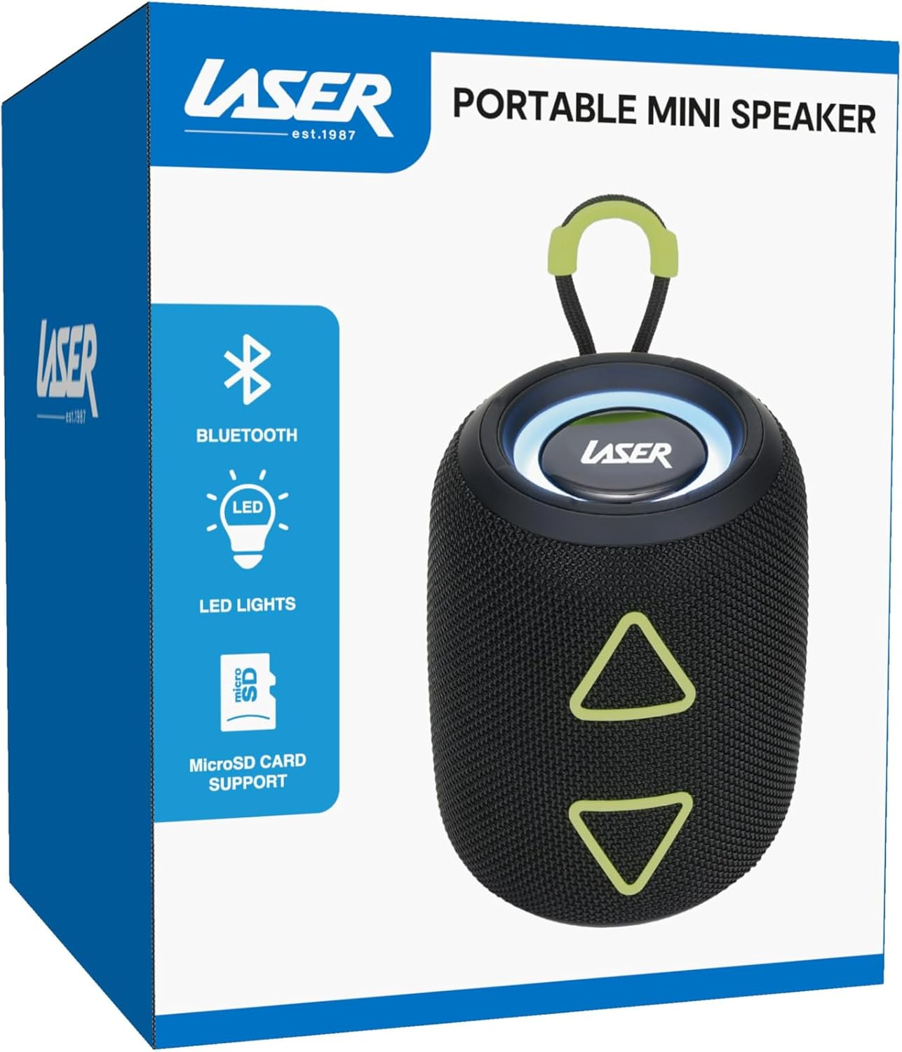 Laser Mini Portable Fabric Bluetooth Speaker, AUX, USB, Microsd, TWS, LED Light Display, Type-C Charging, 1200Mah Battery, up to 2 Hours Playtime, Compact and Lightweight - Black