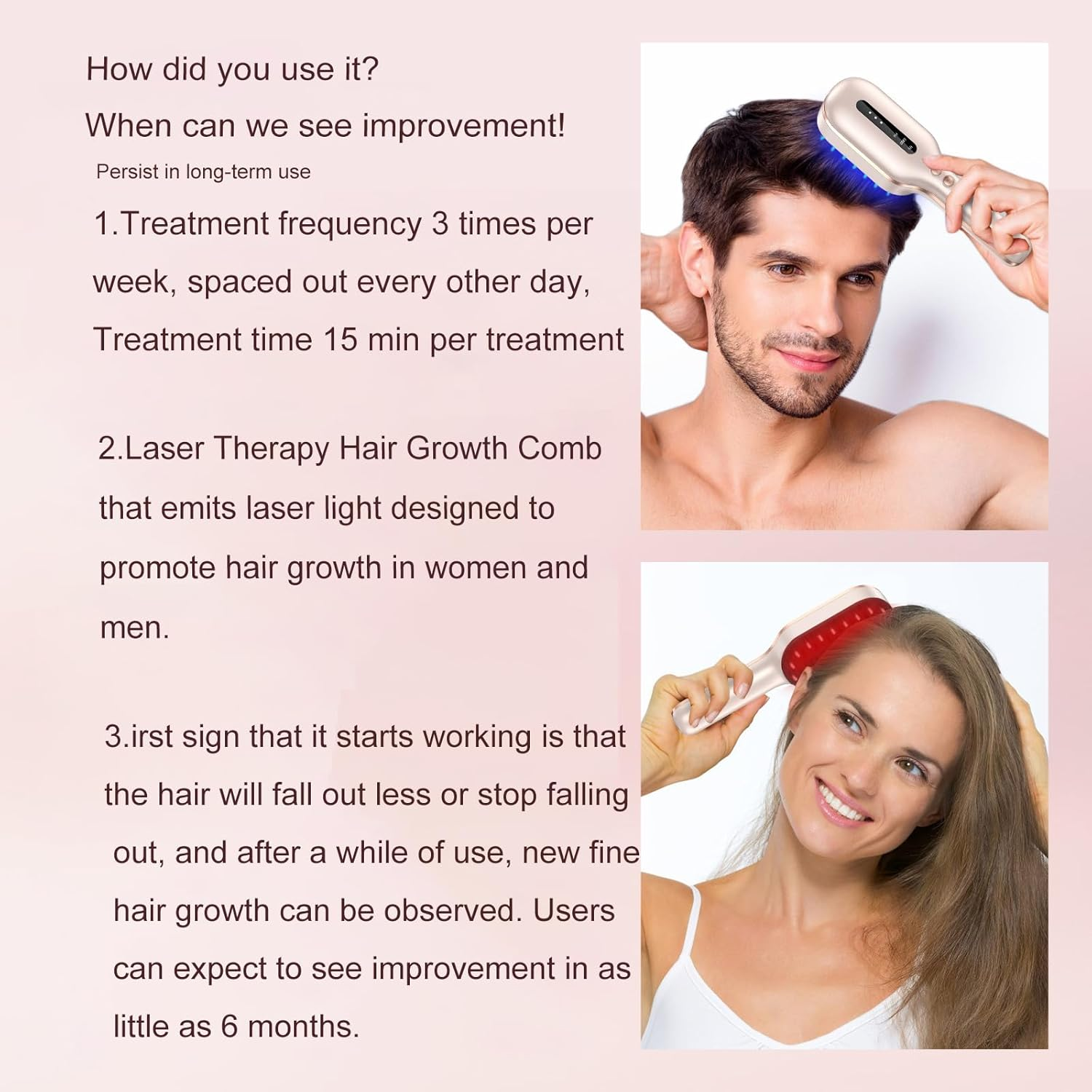 Laser Therapy Hair Growth Comb,Fda Cleared Laser Hair Growth Device Red Light Electric Scalp Massager, Promote Hair Growth in Women and Men(Pink) image number 5