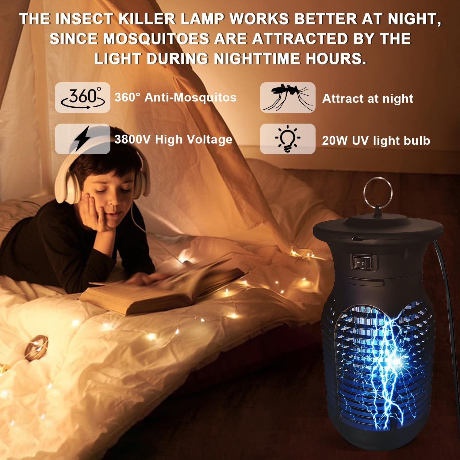 20W Bug Zapper, Electric Mosquito Zapper with High-Intensity UV Light, Waterproof Fly Zapper & Mozzie Zapper, Chemical-Free Insect Trap for Indoor Bedrooms, Outdoor Patios, Gardens, Cafes image number 4