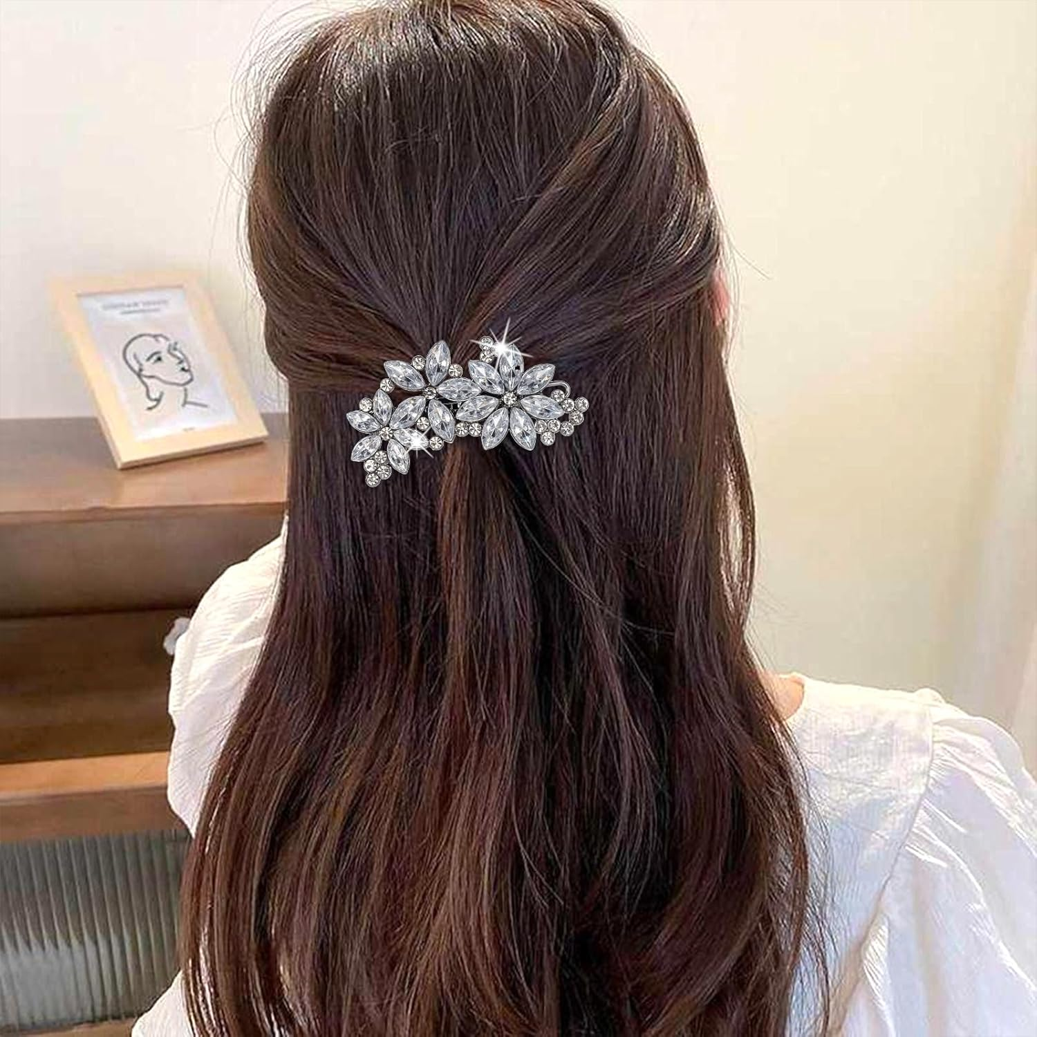 Lnngub Pack of 2 Rhinestone Hair Clips Silver Flower Shape Stainless Steel with Rhinestones Vintage Glitter Women'S Hair Clip for Wedding, Engagement, Dating, Gathering, Party, Dance, Daily Life image number 5