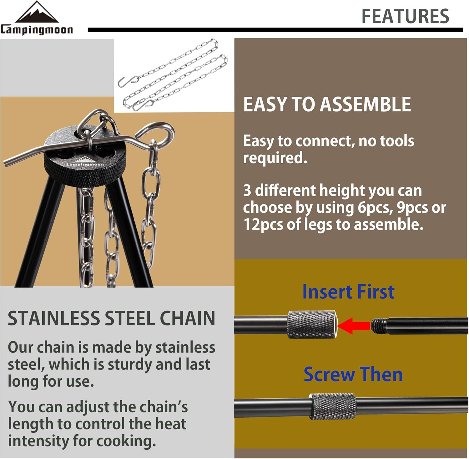 CAMPINGMOON Camping Campfire Tripod with Carrying Bag Portable Lightweight Aluminum 41.3-Inch Height Stainless Steel Chain image number 1