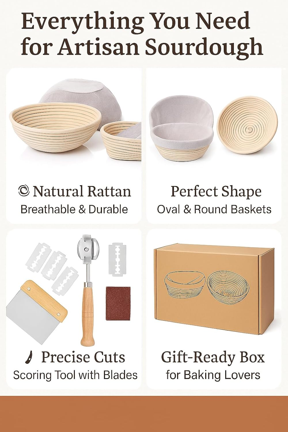 Sourdough Starter Kit, round and Oval Banneton Proofing Basket, 12 Pcs Bread Making Set with Dough Scraper, Lame, Whisk, Brush Tools, and Linen Cover &ndash; for Artisan Home Bakers image number 1