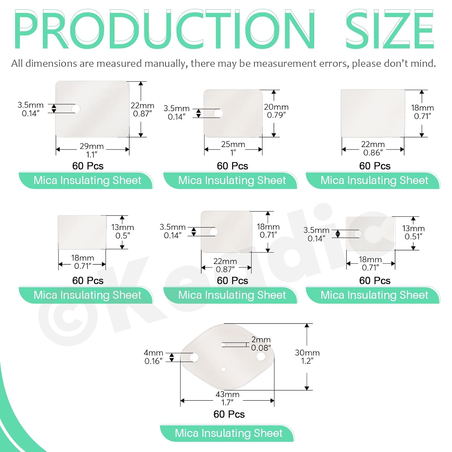 Keadic 420Pcs 7 Style Mica Insulating Sheet Assortment Set, TO-220, TO-3P, TO-3P11, TO-3PL, To-3 Transistor Insulator Pads Thermal Insulation Repair Parts for Lighting Electronics image number 1
