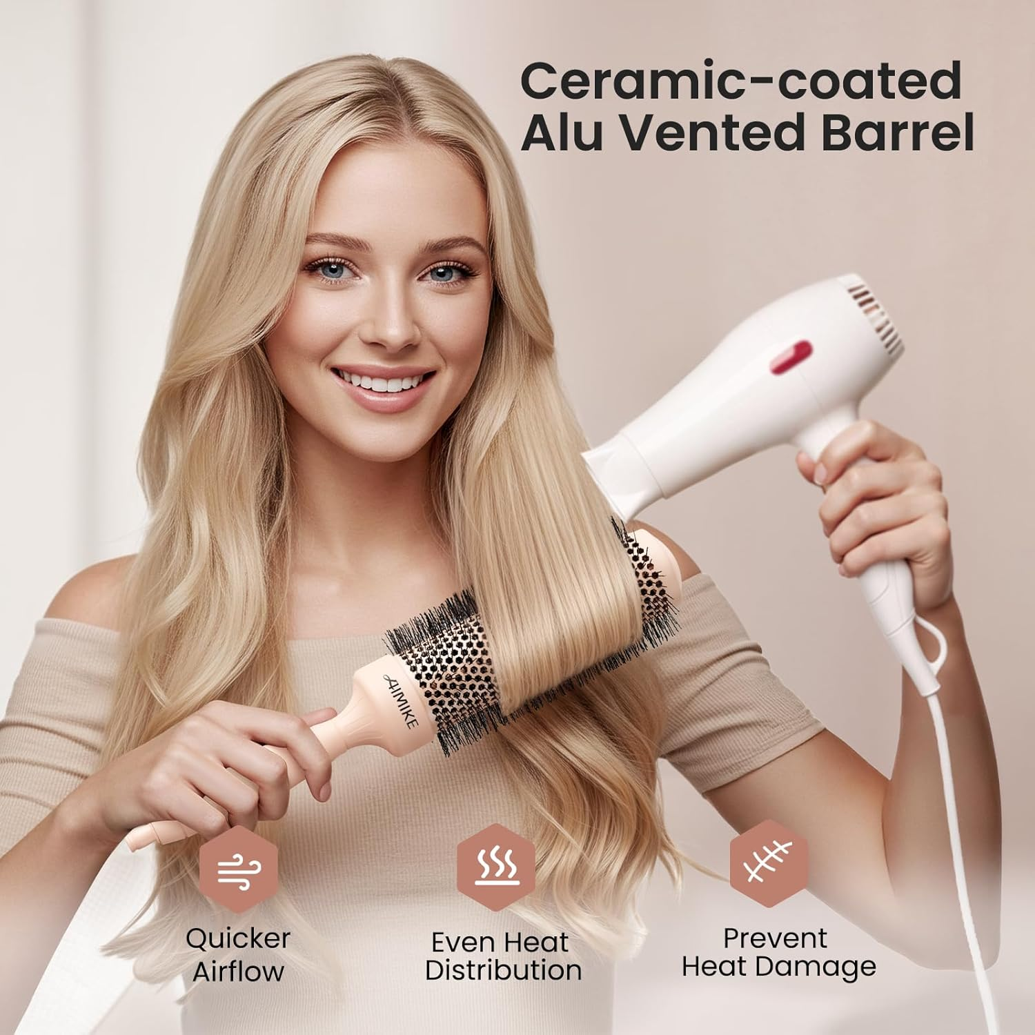 AIMIKE round Brush for Blow Out, Extra Long round Hair Brush W/Nano Thermal Ceramic & Ionic Tech, for Blow Drying & Styling, Curling and Shine - Barrel 1.7 Inch image number 3