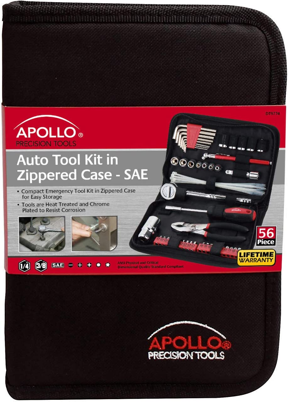 Apollo Tools DT9774 56 Piece SAE Auto Tool Kit in Compact Zippered Case with Most Useful Mechanics Tools image number 3