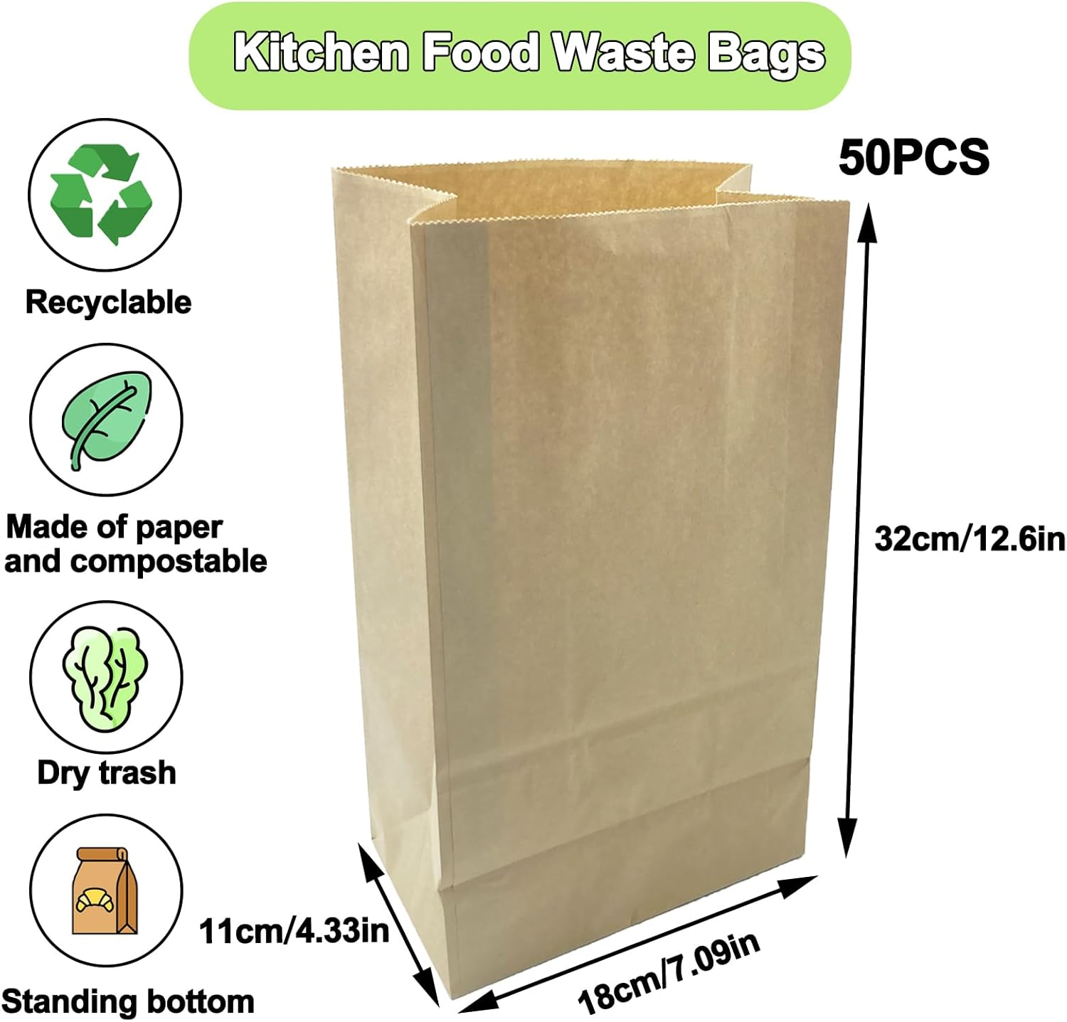 Kitchen Food Waste Bags, 50PCS Compostable Paper Garbage Bag, Recycling Paper Trash Bag for Dry Rubbish, Plastic Free image number 5