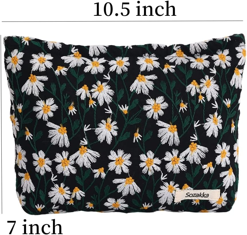 LYDZTION Black Daisy Makeup Bag Cosmetic Bag for Women,Large Capacity Canvas Makeup Bags Travel Toiletry Bag Accessories Organizer image number 2