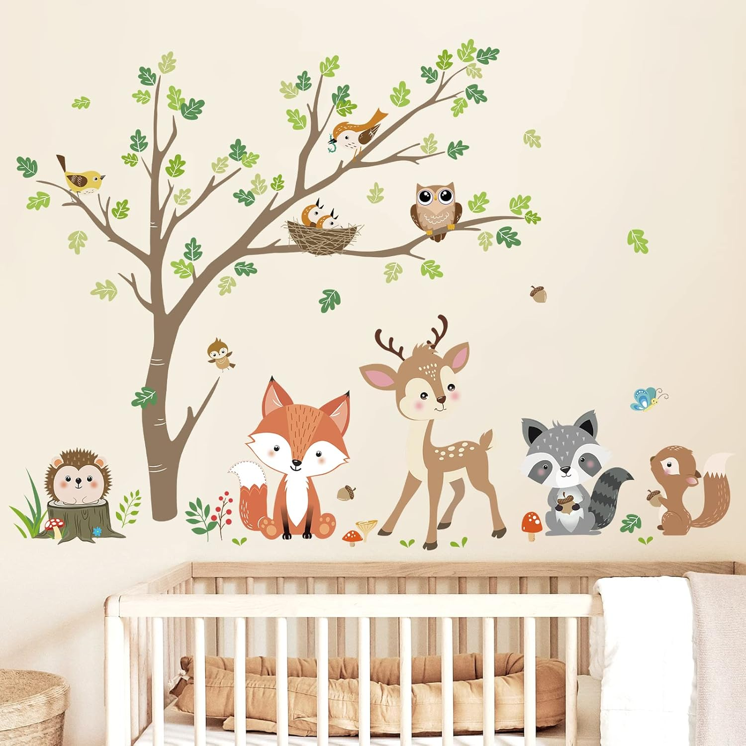 Decalmile Woodland Animals Tree Wall Stickers Fox Deer Owl Wall Decals Baby Nursery Kids Bedroom Living Room Wall Decor,Dm0936B