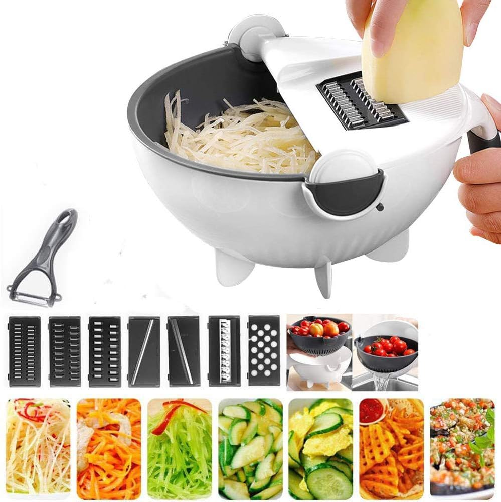 9-In-1 Multi-Functional Rotate Vegetable Cutter Manual Slicer Fruit Cutter Mandoline Choppers Veggie Fruit Shredder Grater Large Capacity Vegetable Drainer Draining Basket Carrot Potato Cutting Tool image number 6