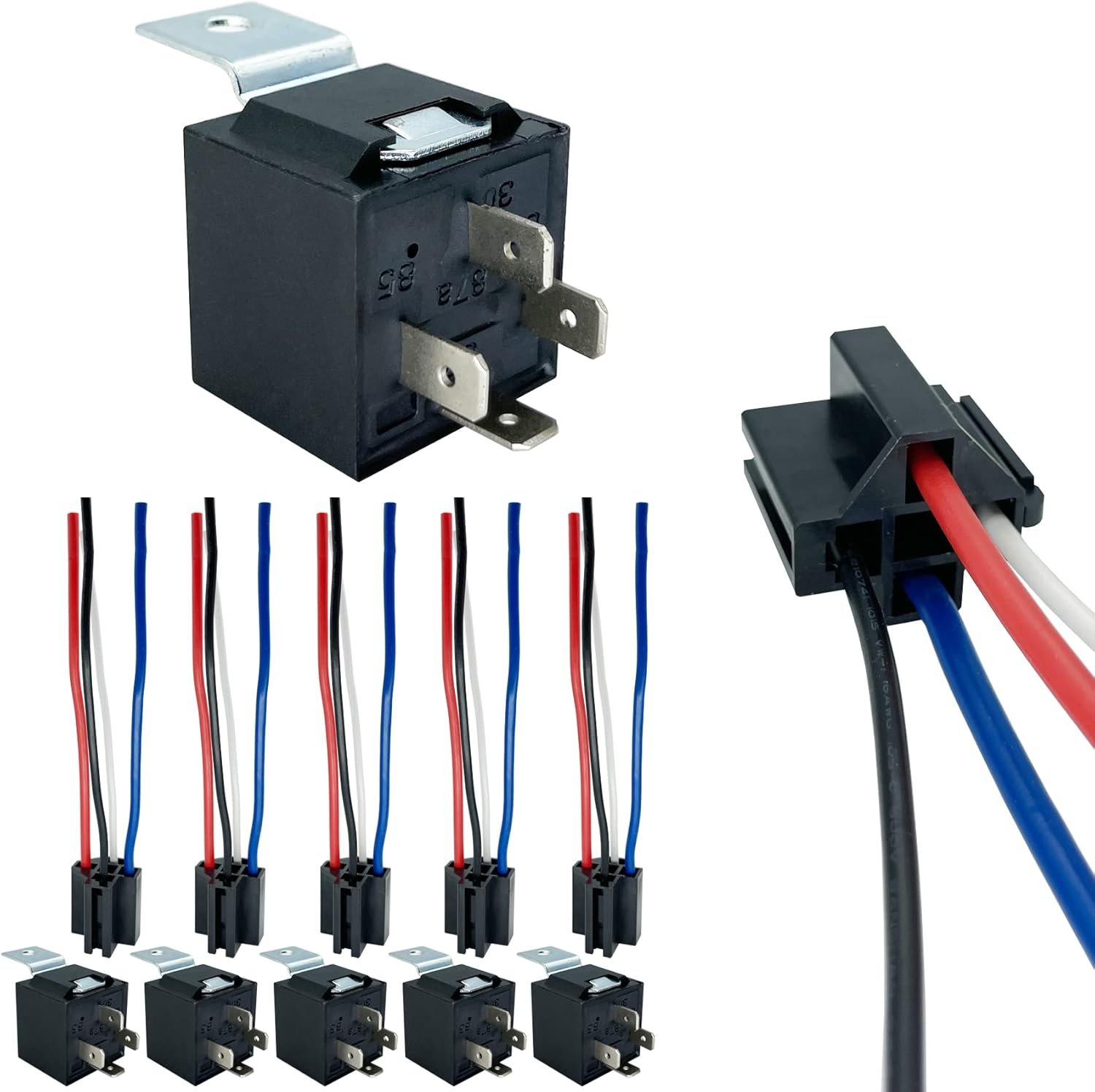 6 PACK 4 Pin SPST 40/30 AMP 12 V DC Relay and Harness - Heavy Duty 12 AWG Tinned Copper Wires, Bosch Style Automotive Relay