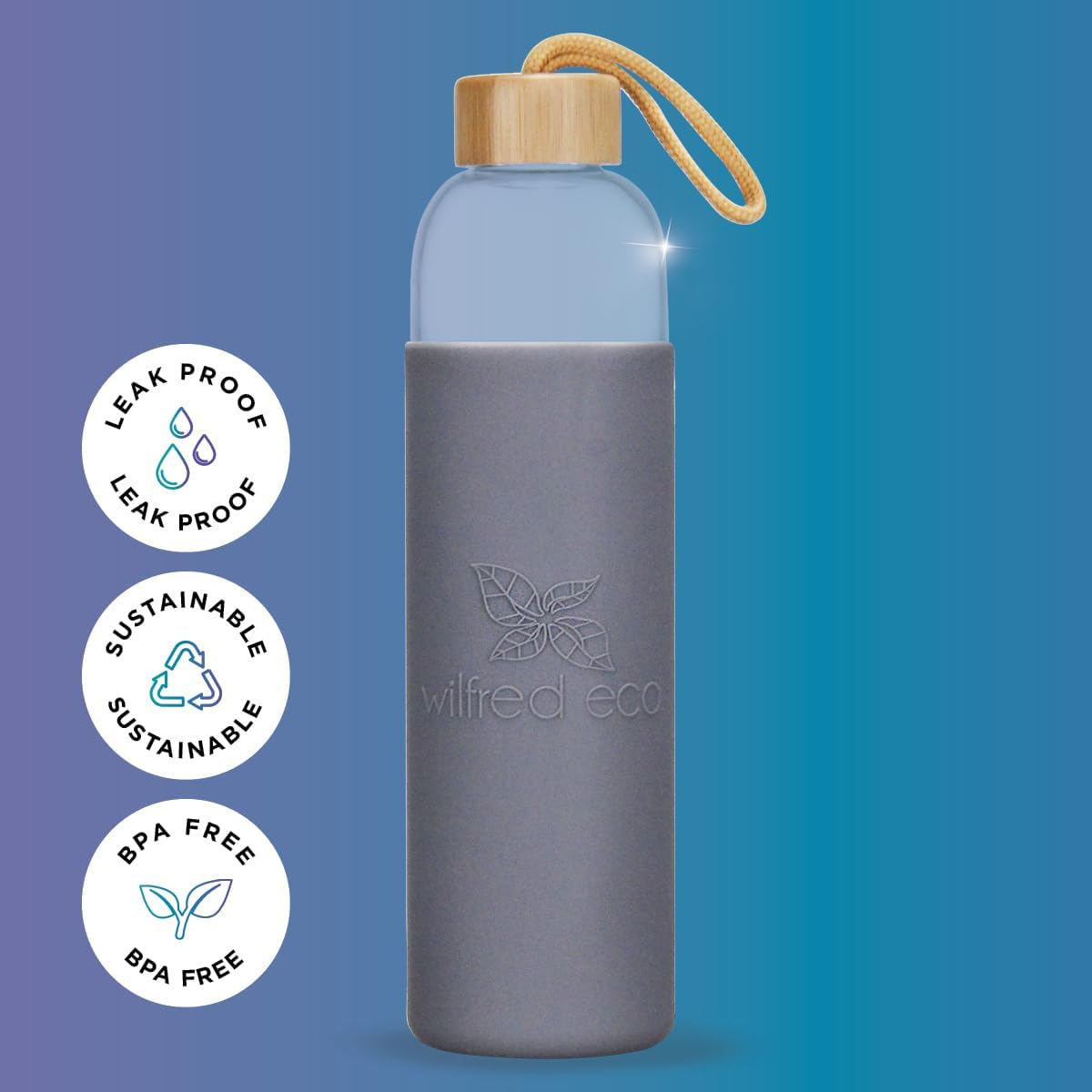 Wilfred Eco 650Ml Portable Glass Water Bottle with Protective Silicone Sleeve | Leakproof | BPA Free | Dishwasher Safe | Reusable | Slimline for Convenience (Bold Grey) image number 3