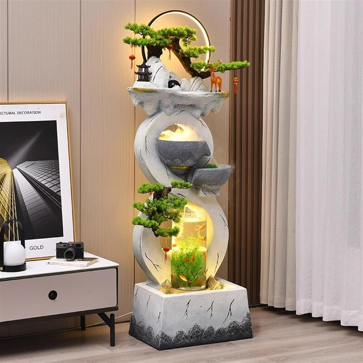 Outdoor Fountain Water Ornaments, Self-Circulating Modern New Chinese Home Office Fish Tank, Outdoor Floor Landscape(White,M) image number 5