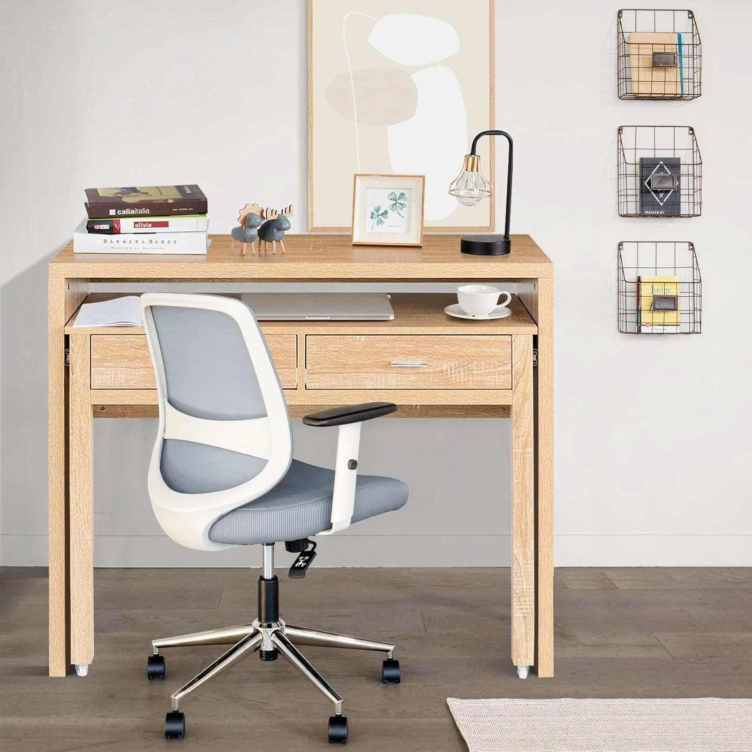 Giantex Extending Writing Desk, Wood Pull Out Computer Desk with Top Shelf & 2 Drawers, Simple Modern Style Home Office Workstation for Small Space, Easy Assembly image number 5