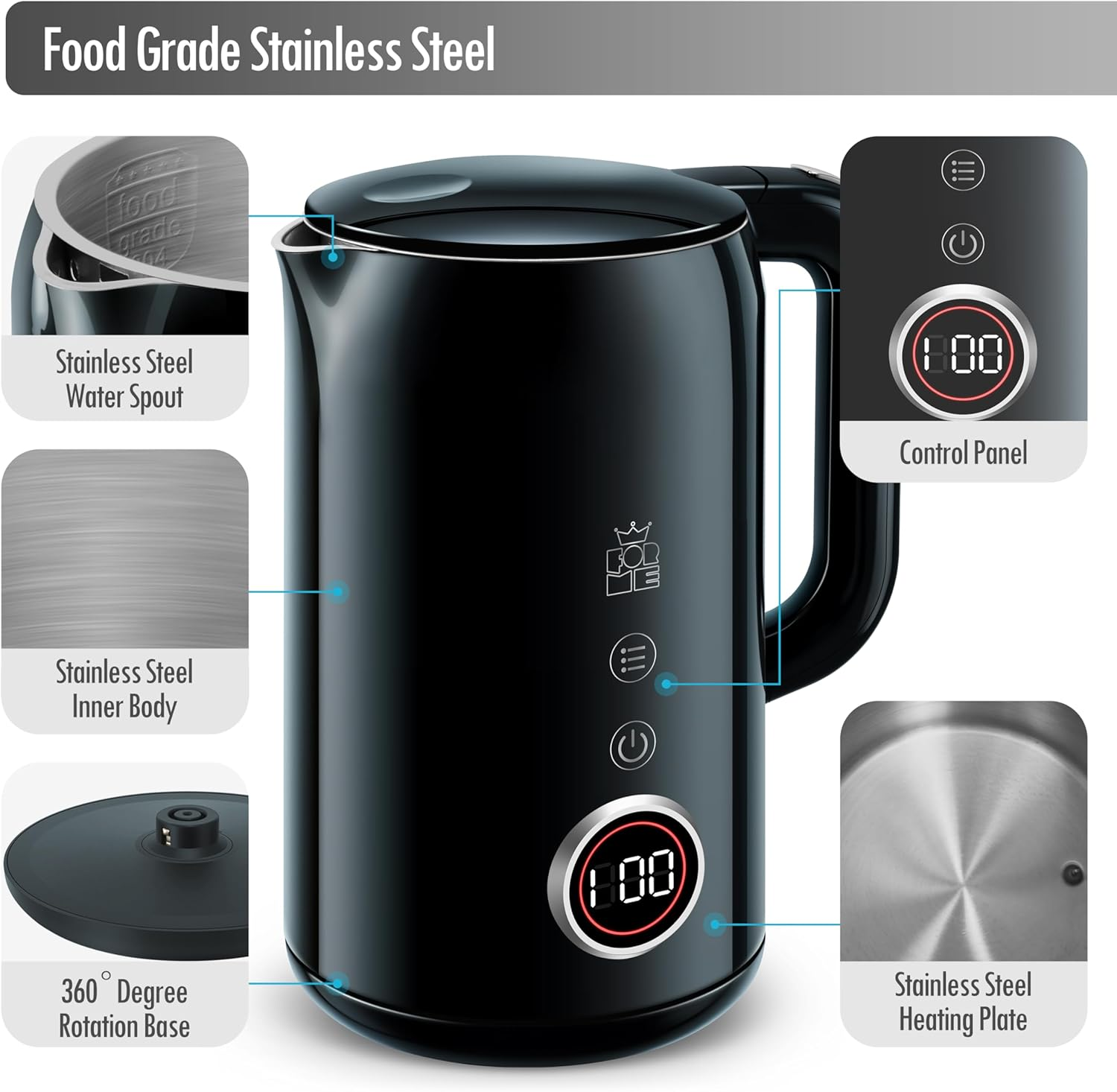 Forme Stainless Steel Kettle 1.7 L Temperature Selection 40-100 &deg;C I LED Digital Temperature Display 7 Colours LED Lighting I Teapot Tea Kettle I Keep Warm Function I BPA Free image number 3